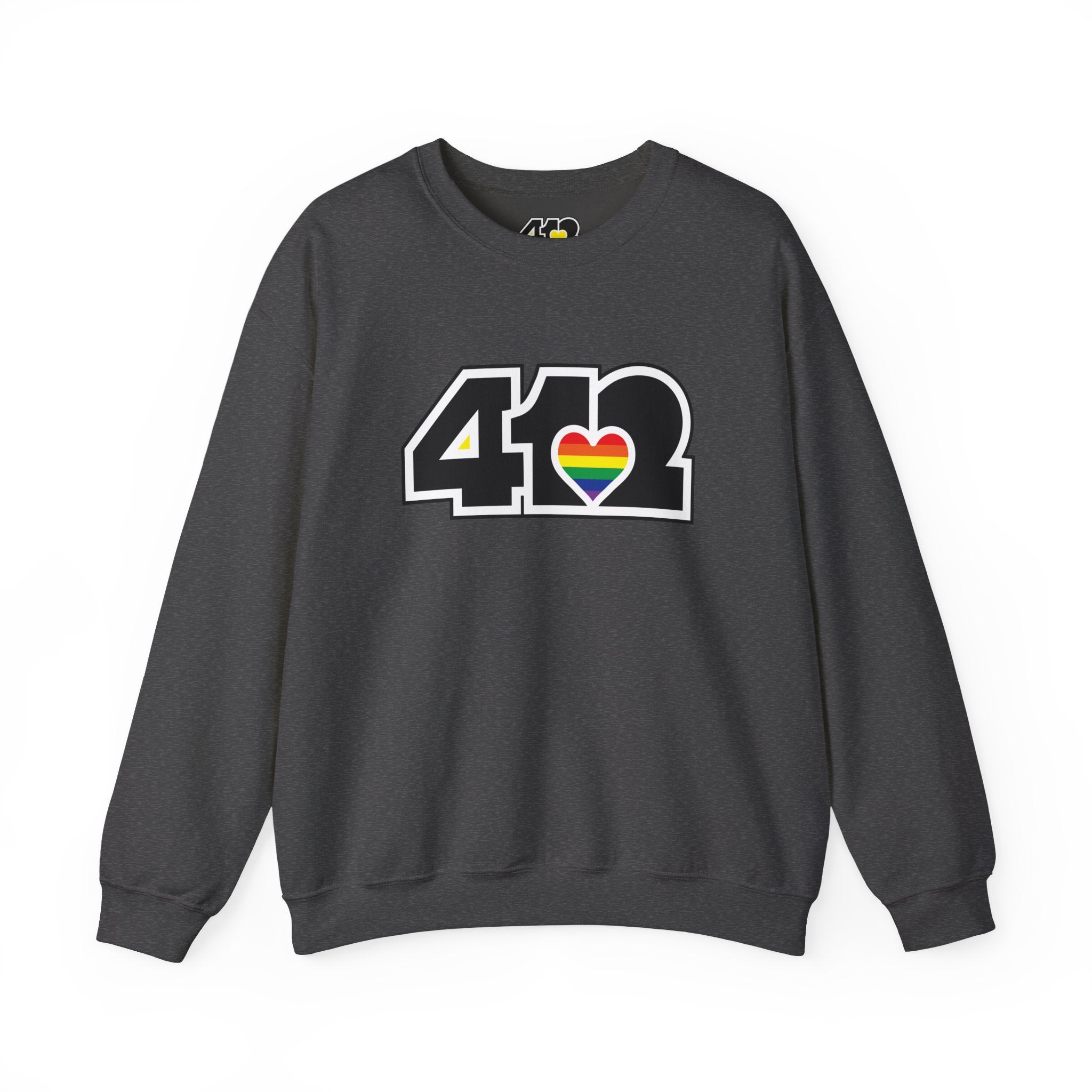 Pittsburgh Crewneck Sweatshirt | Black Rainbow 412 Logo. Apparel Color: Dark Heather. A blend of 50% cotton and 50% polyester for cozy durability. With an Elastic ribbed collar, and Double-needle stitching.
