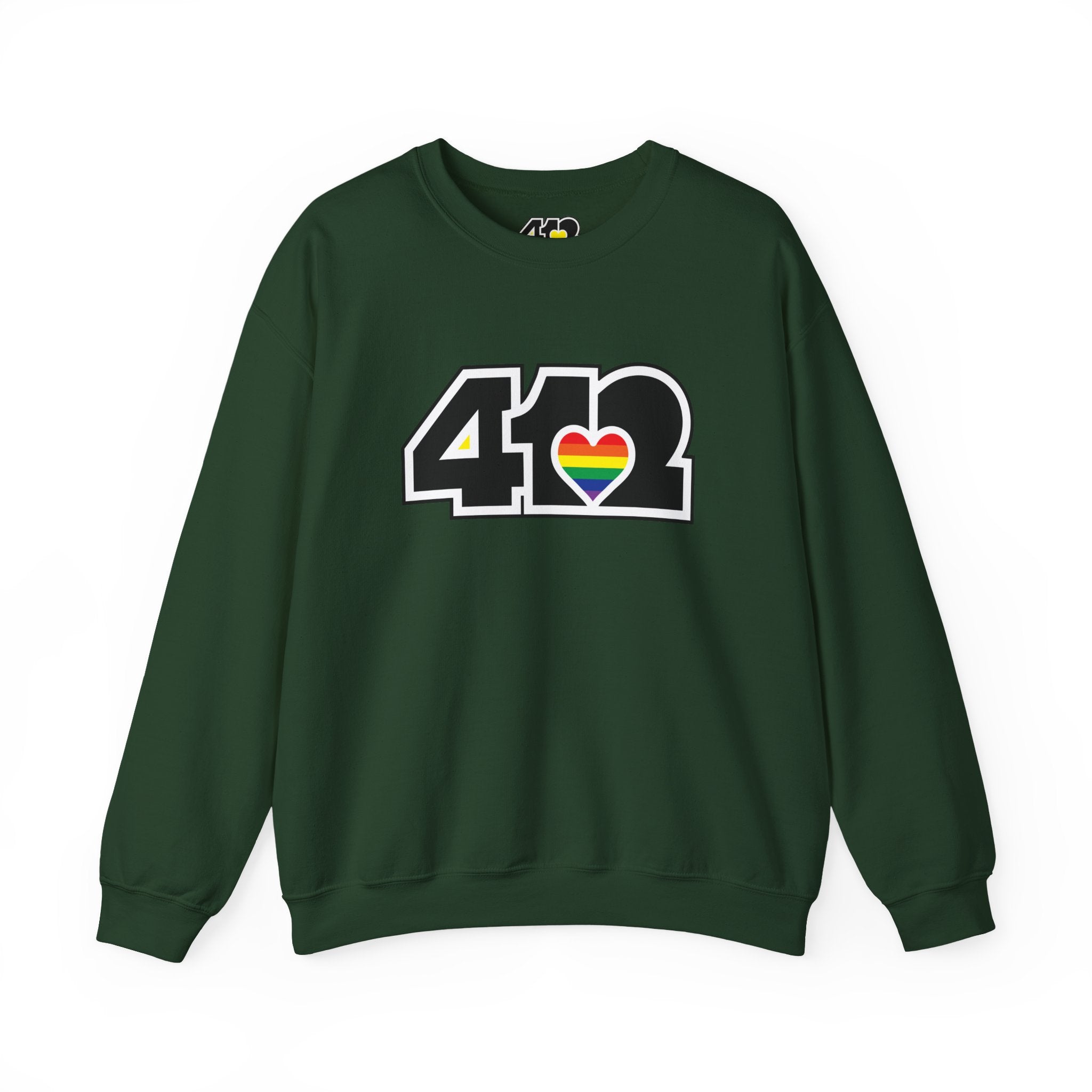 Pittsburgh Crewneck Sweatshirt | Black Rainbow 412 Logo. Apparel Color: Forest Green. A blend of 50% cotton and 50% polyester for cozy durability. With an Elastic ribbed collar, and Double-needle stitching.