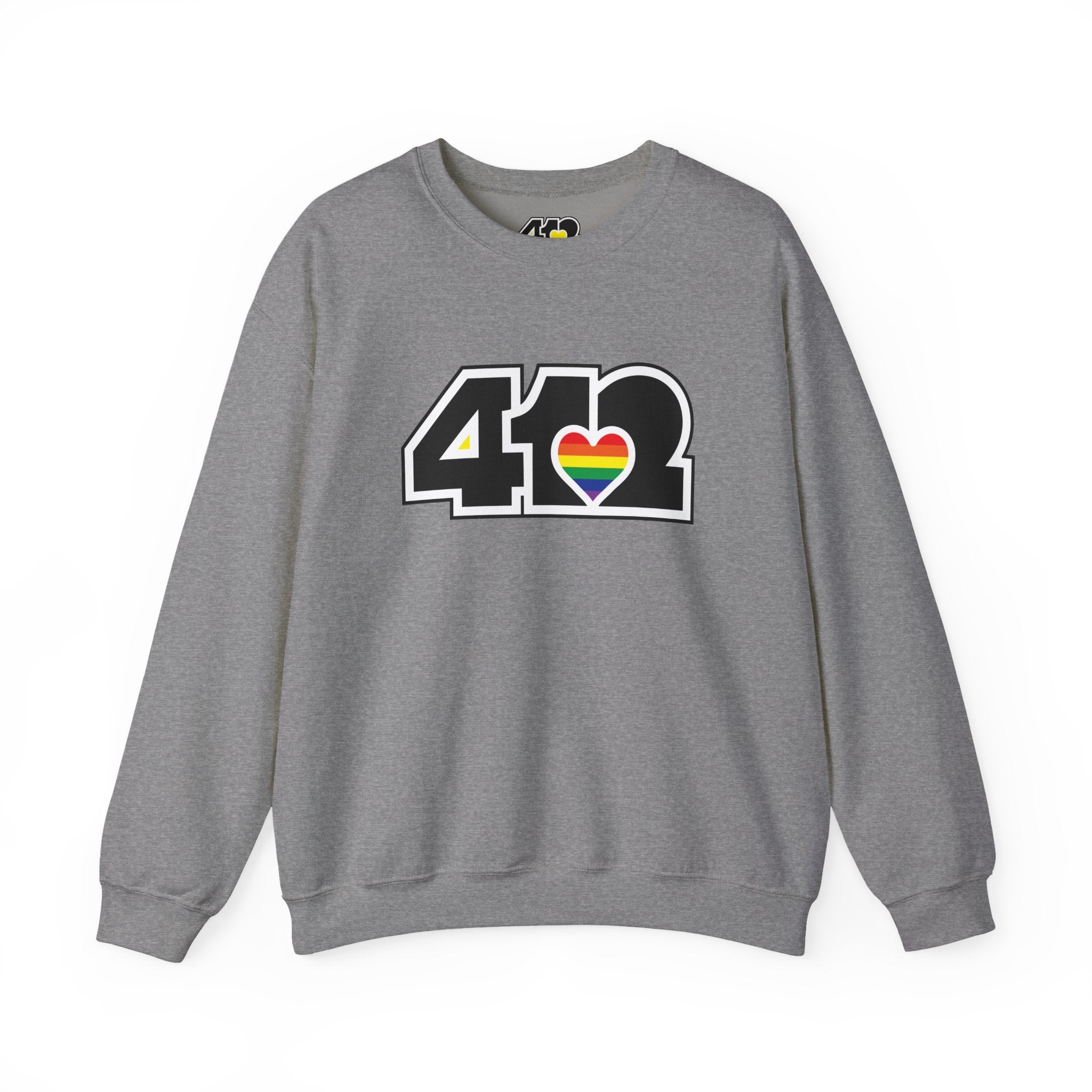 Pittsburgh Crewneck Sweatshirt | Black Rainbow 412 Logo. Apparel Color: Graphite Heather. A blend of 50% cotton and 50% polyester for cozy durability. With an Elastic ribbed collar, and Double-needle stitching.