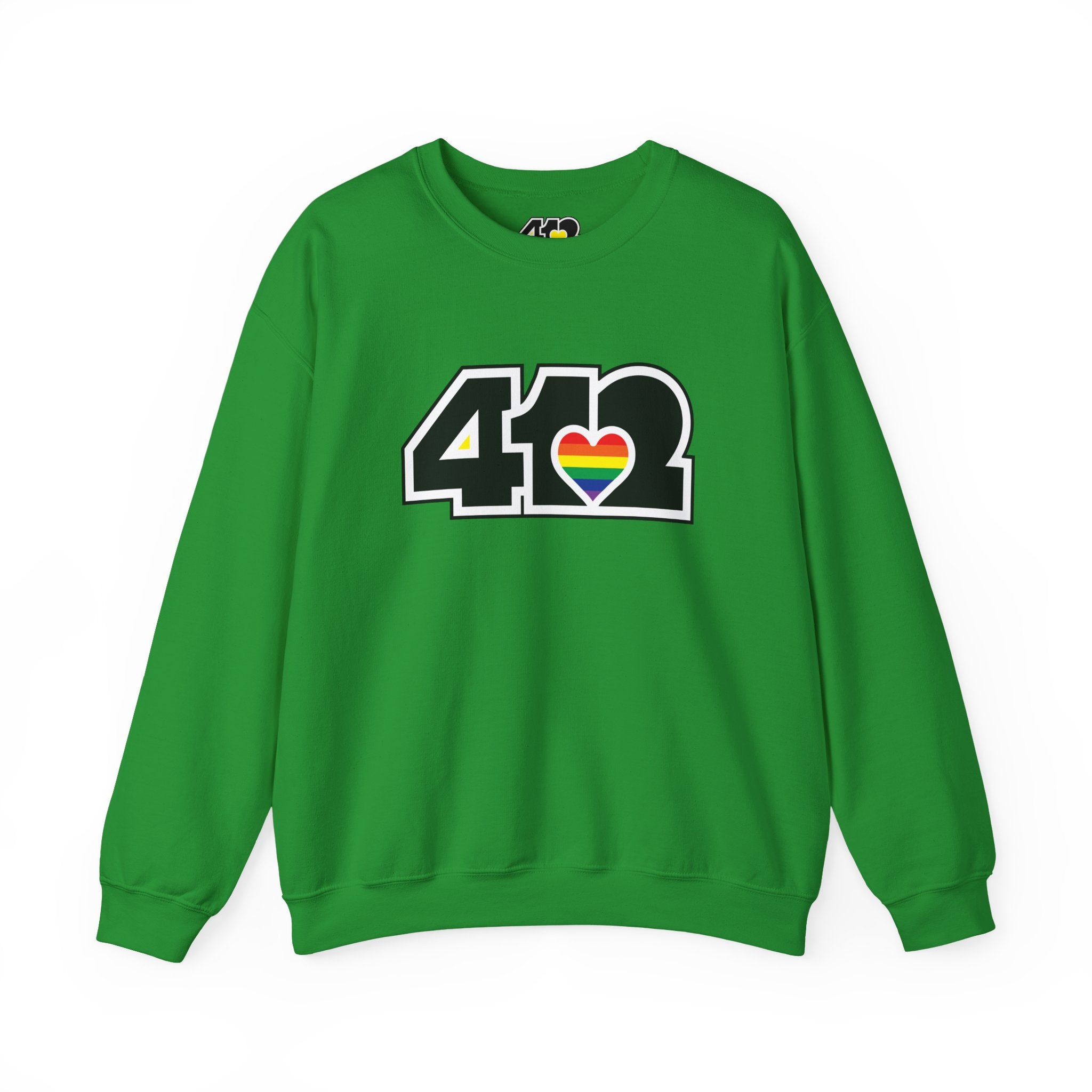 Pittsburgh Crewneck Sweatshirt | Black Rainbow 412 Logo. Apparel Color: Irish Green. A blend of 50% cotton and 50% polyester for cozy durability. With an Elastic ribbed collar, and Double-needle stitching.