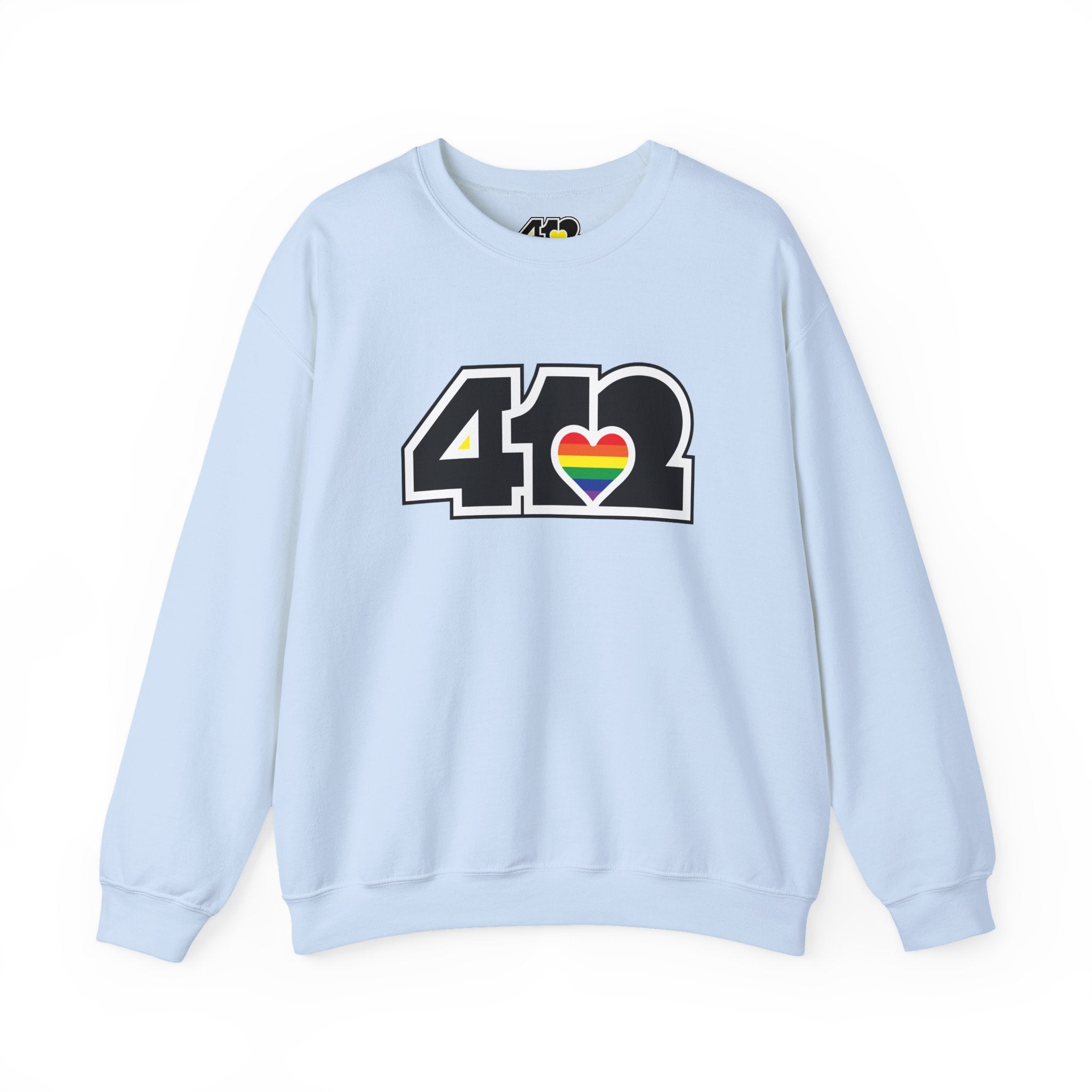 Pittsburgh Crewneck Sweatshirt | Black Rainbow 412 Logo. Apparel Color: Light Blue. A blend of 50% cotton and 50% polyester for cozy durability. With an Elastic ribbed collar, and Double-needle stitching.