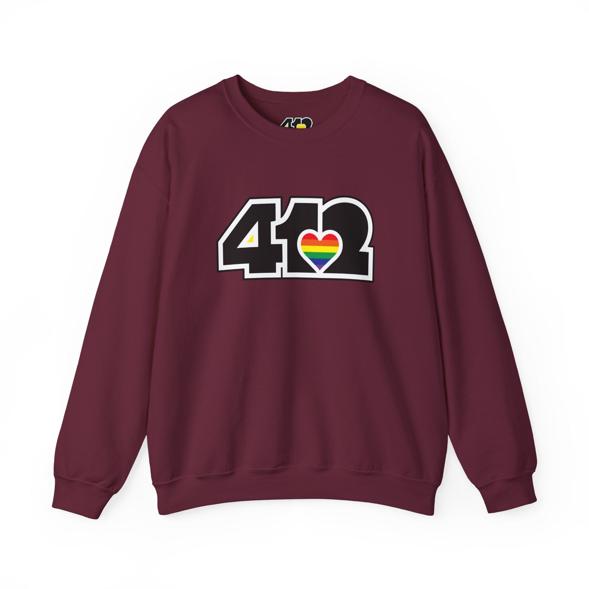 Pittsburgh Crewneck Sweatshirt | Black Rainbow 412 Logo. Apparel Color: Maroon. A blend of 50% cotton and 50% polyester for cozy durability. With an Elastic ribbed collar, and Double-needle stitching.