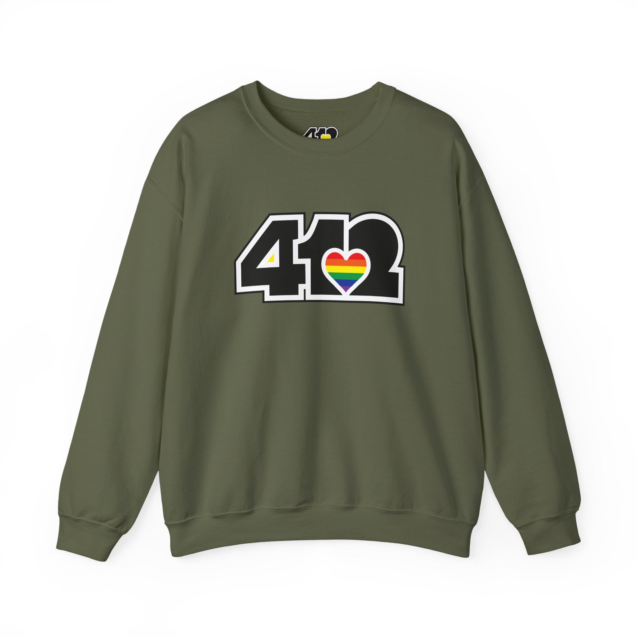 Pittsburgh Crewneck Sweatshirt | Black Rainbow 412 Logo. Apparel Color: Military Green. A blend of 50% cotton and 50% polyester for cozy durability. With an Elastic ribbed collar, and Double-needle stitching.
