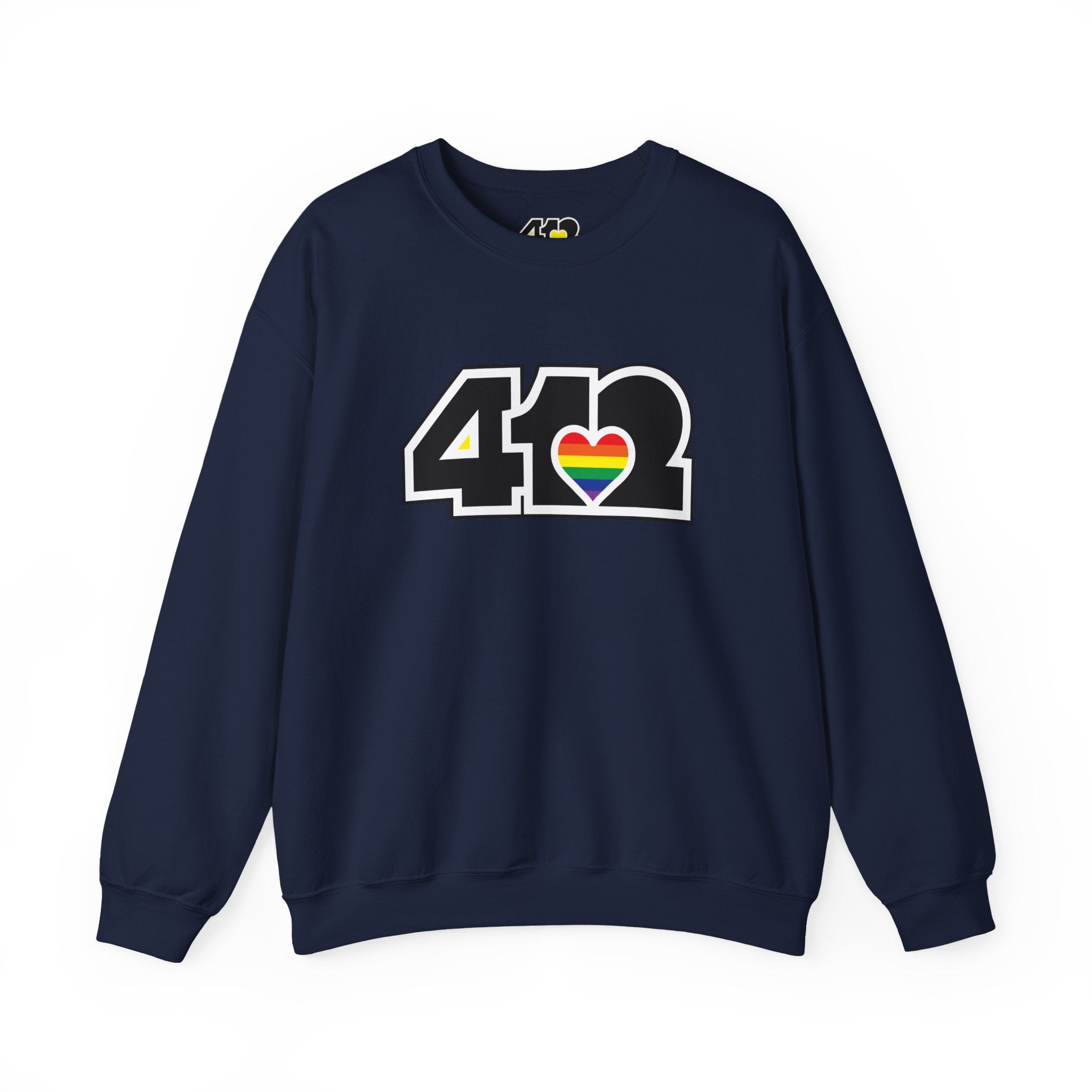 Pittsburgh Crewneck Sweatshirt | Black Rainbow 412 Logo. Apparel Color: Navy. A blend of 50% cotton and 50% polyester for cozy durability. With an Elastic ribbed collar, and Double-needle stitching.