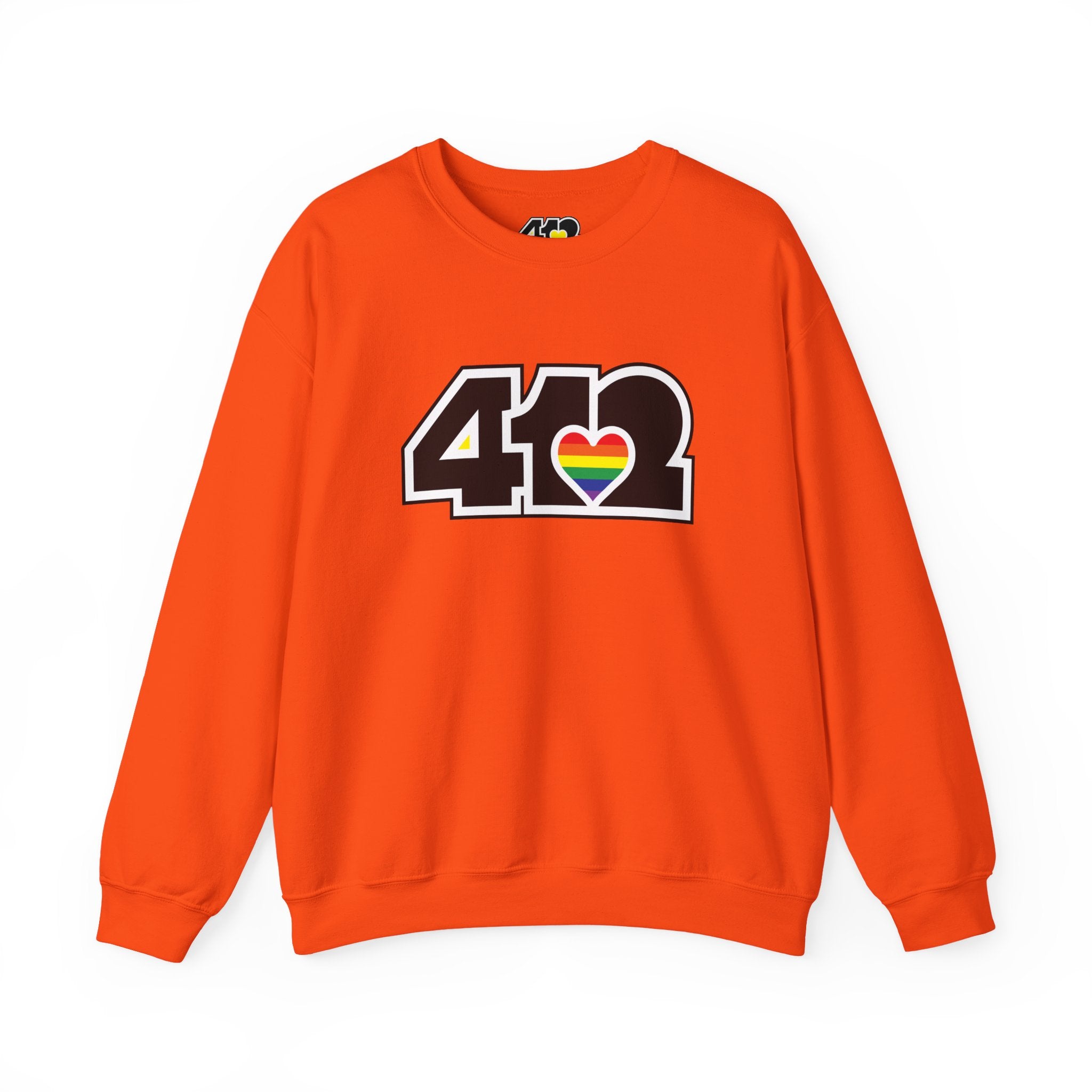 Pittsburgh Crewneck Sweatshirt | Black Rainbow 412 Logo. Apparel Color: Orange. A blend of 50% cotton and 50% polyester for cozy durability. With an Elastic ribbed collar, and Double-needle stitching.