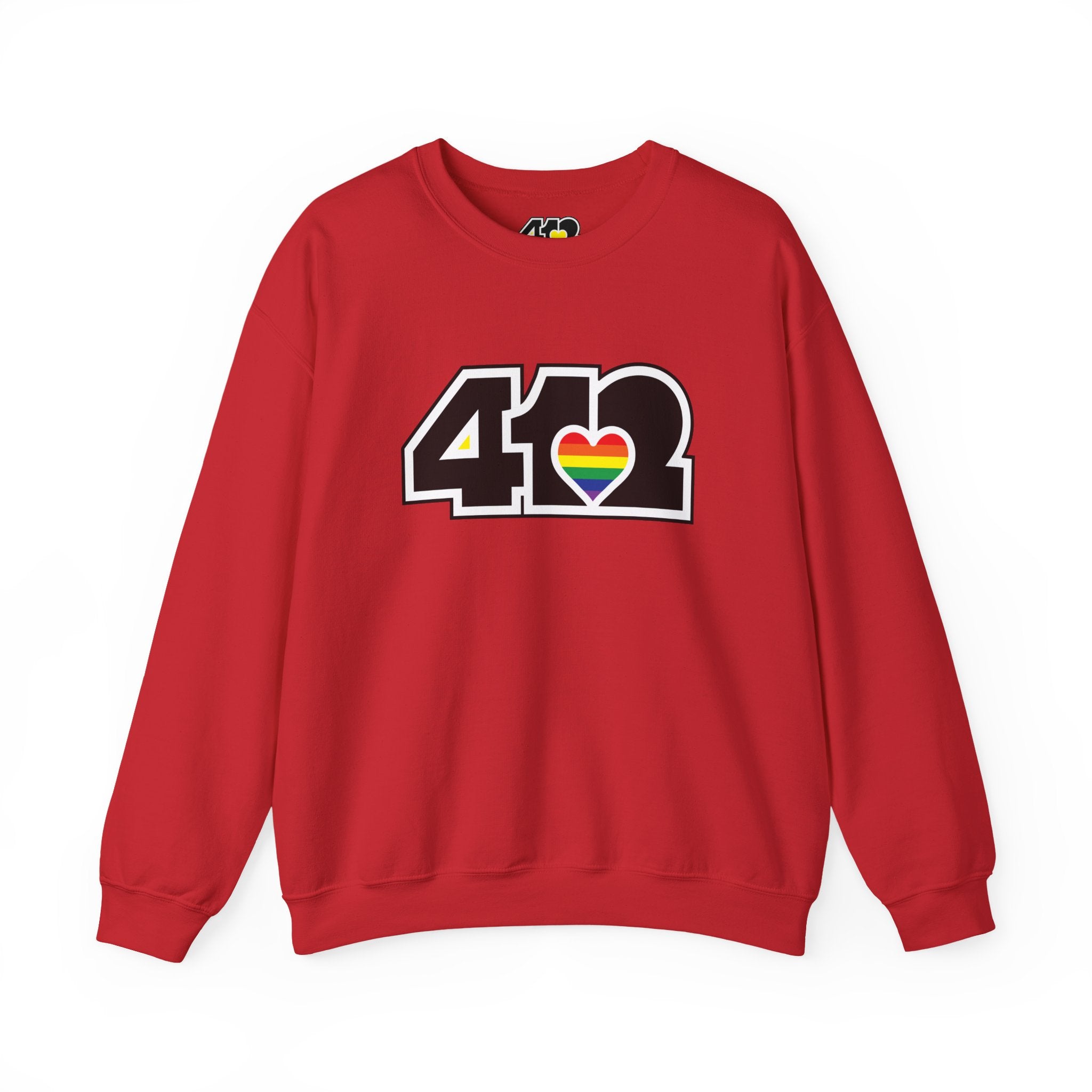 Pittsburgh Crewneck Sweatshirt | Black Rainbow 412 Logo. Apparel Color: Red. A blend of 50% cotton and 50% polyester for cozy durability. With an Elastic ribbed collar, and Double-needle stitching.