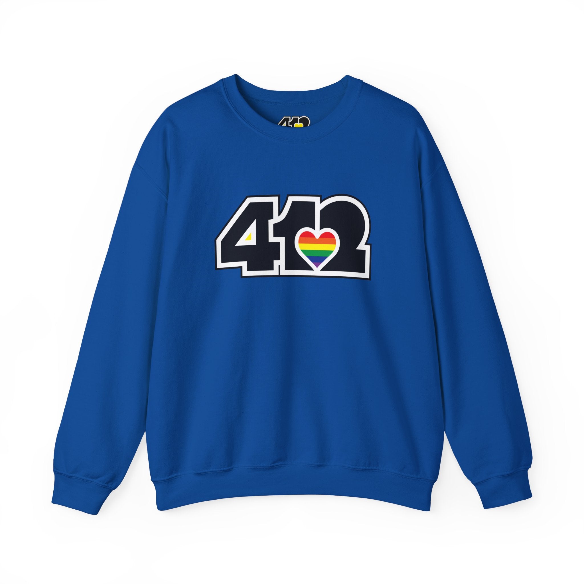 Pittsburgh Crewneck Sweatshirt | Black Rainbow 412 Logo. Apparel Color: Royal. A blend of 50% cotton and 50% polyester for cozy durability. With an Elastic ribbed collar, and Double-needle stitching.