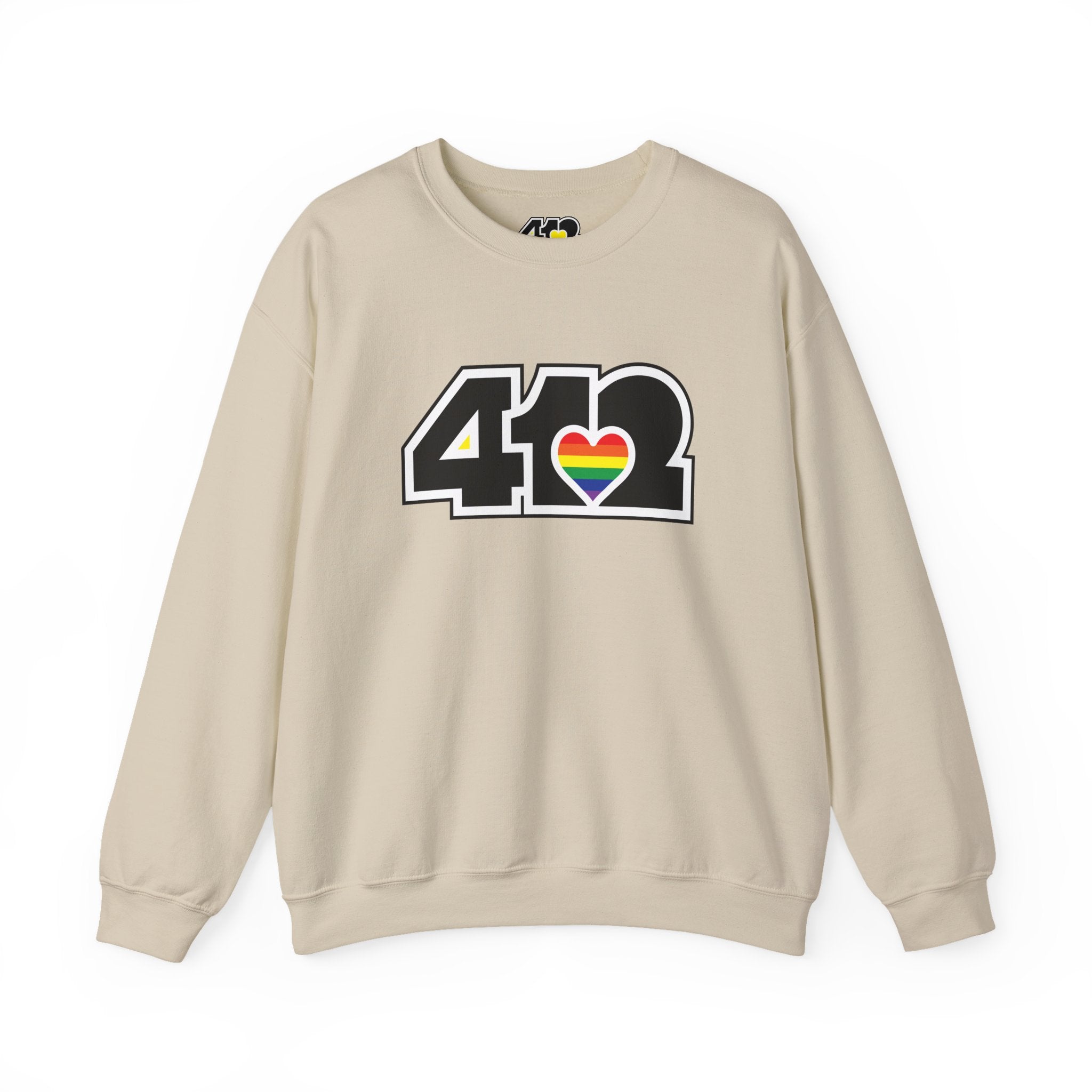 Pittsburgh Crewneck Sweatshirt | Black Rainbow 412 Logo. Apparel Color: Sand. A blend of 50% cotton and 50% polyester for cozy durability. With an Elastic ribbed collar, and Double-needle stitching.