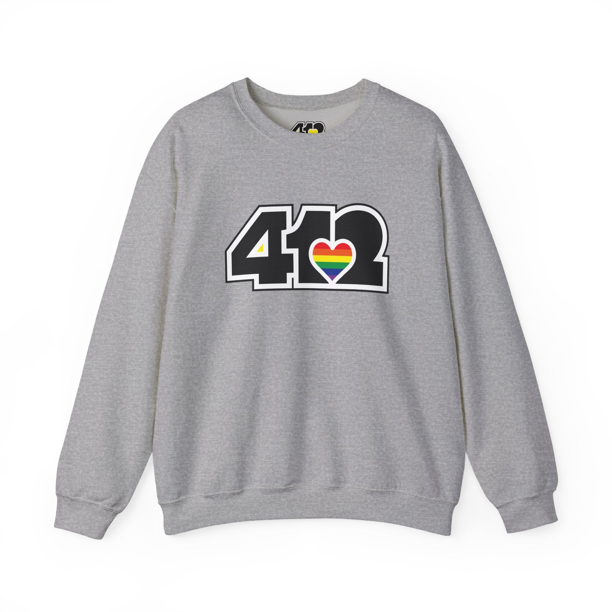 Pittsburgh Crewneck Sweatshirt | Black Rainbow 412 Logo. Apparel Color: Sport Grey. A blend of 50% cotton and 50% polyester for cozy durability. With an Elastic ribbed collar, and Double-needle stitching.