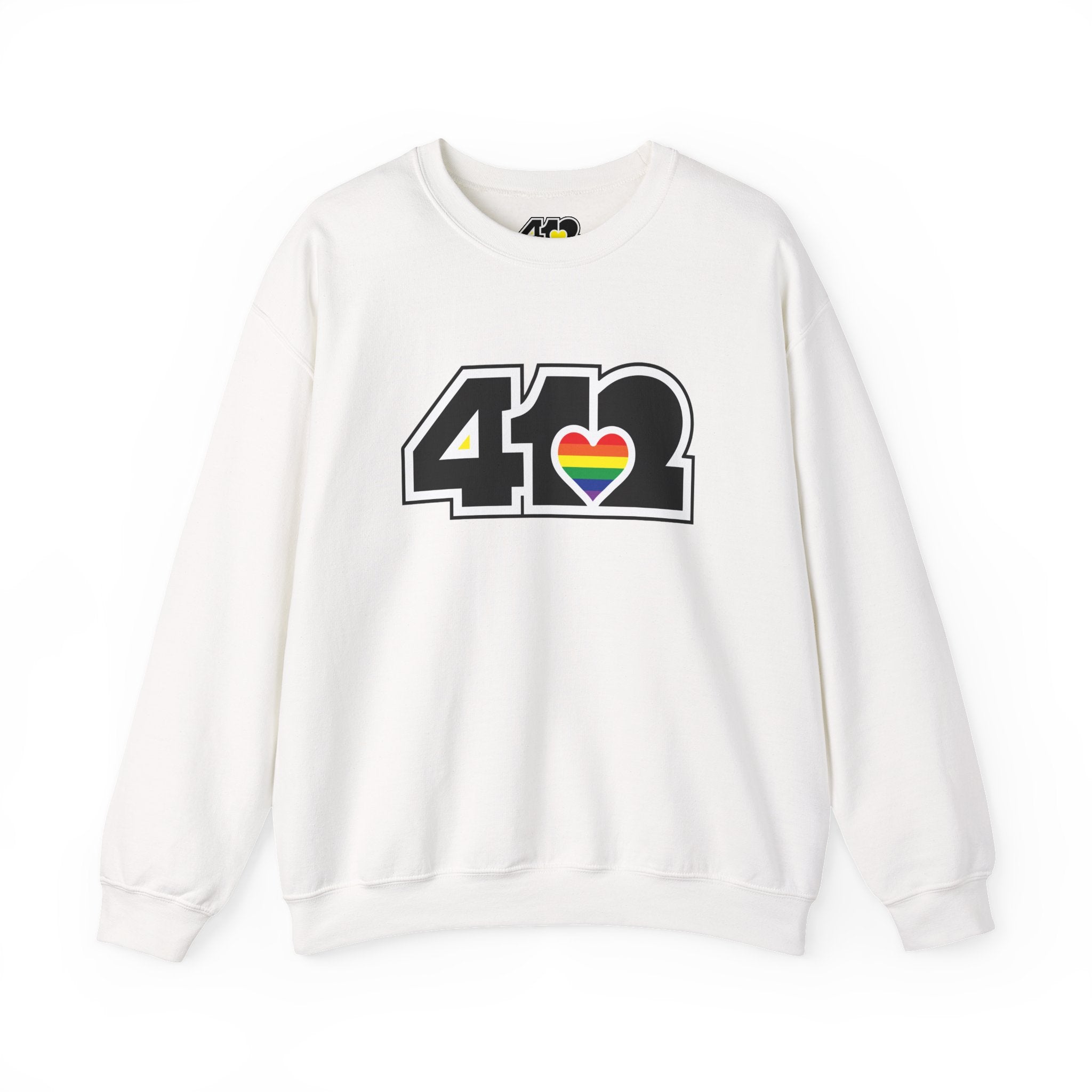 Pittsburgh Crewneck Sweatshirt | Black Rainbow 412 Logo. Apparel Color: White. A blend of 50% cotton and 50% polyester for cozy durability. With an Elastic ribbed collar, and Double-needle stitching.