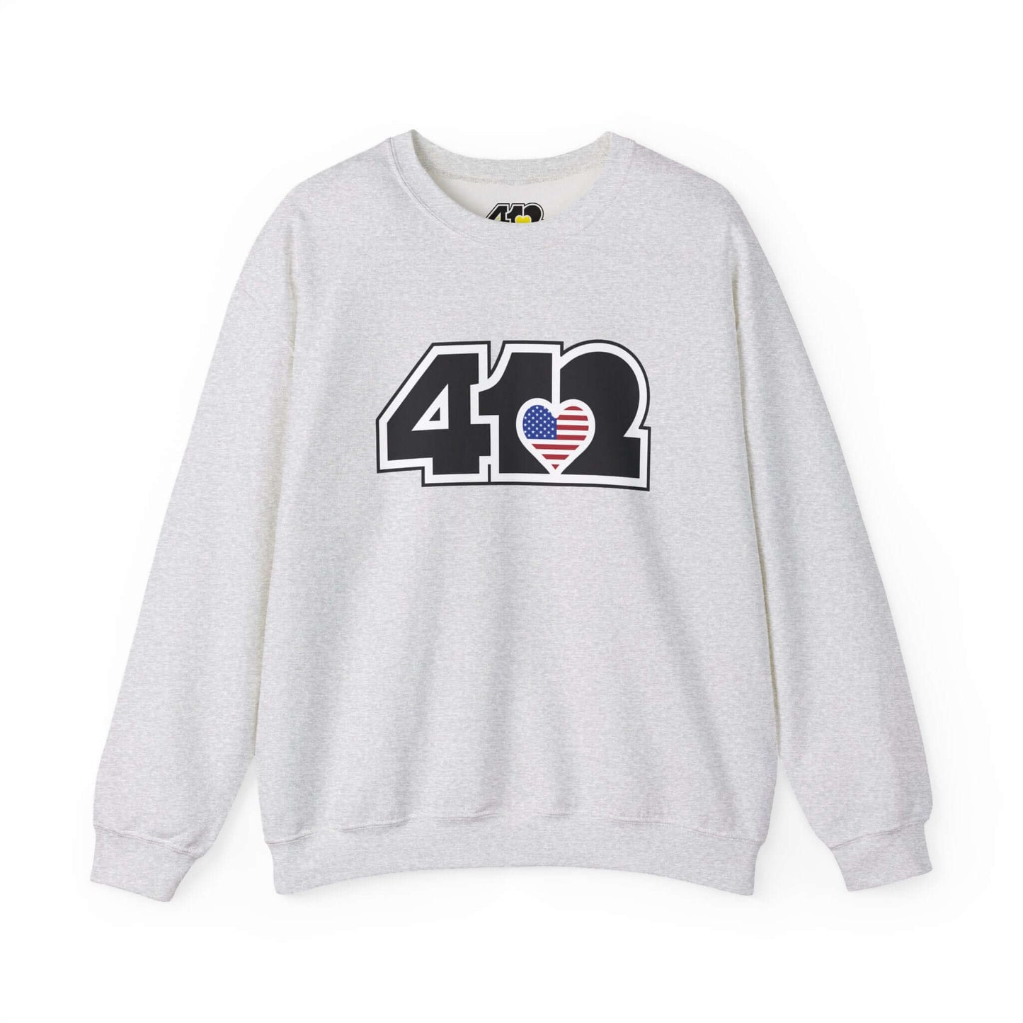 Pittsburgh Crewneck Sweatshirt | Black Stars & Stripes 412 Logo. Apparel Color: Ash. A blend of 50% cotton and 50% polyester for cozy durability. With an Elastic ribbed collar, and Double-needle stitching.