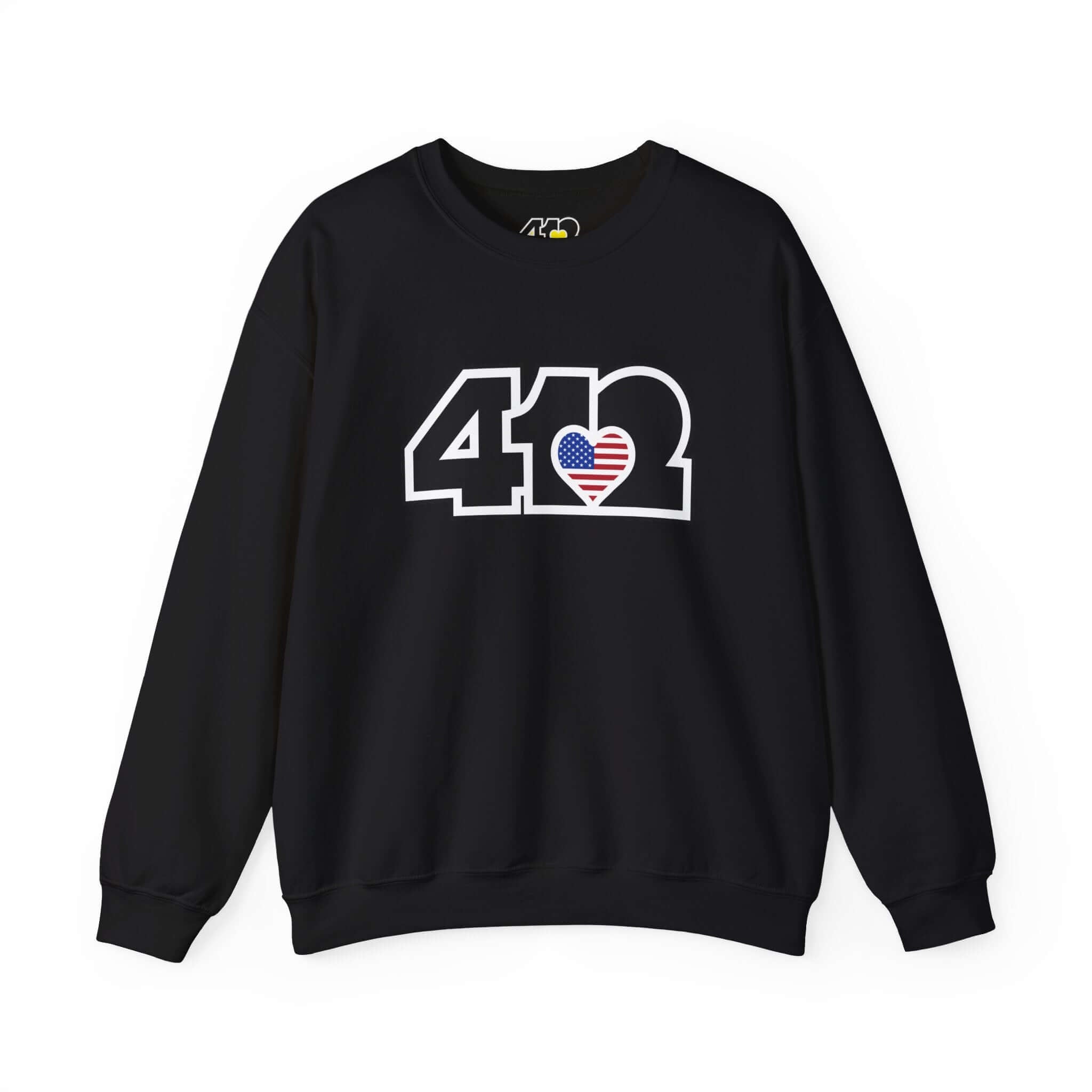 Pittsburgh Crewneck Sweatshirt | Black Stars & Stripes 412 Logo. Apparel Color: Black. A blend of 50% cotton and 50% polyester for cozy durability. With an Elastic ribbed collar, and Double-needle stitching.