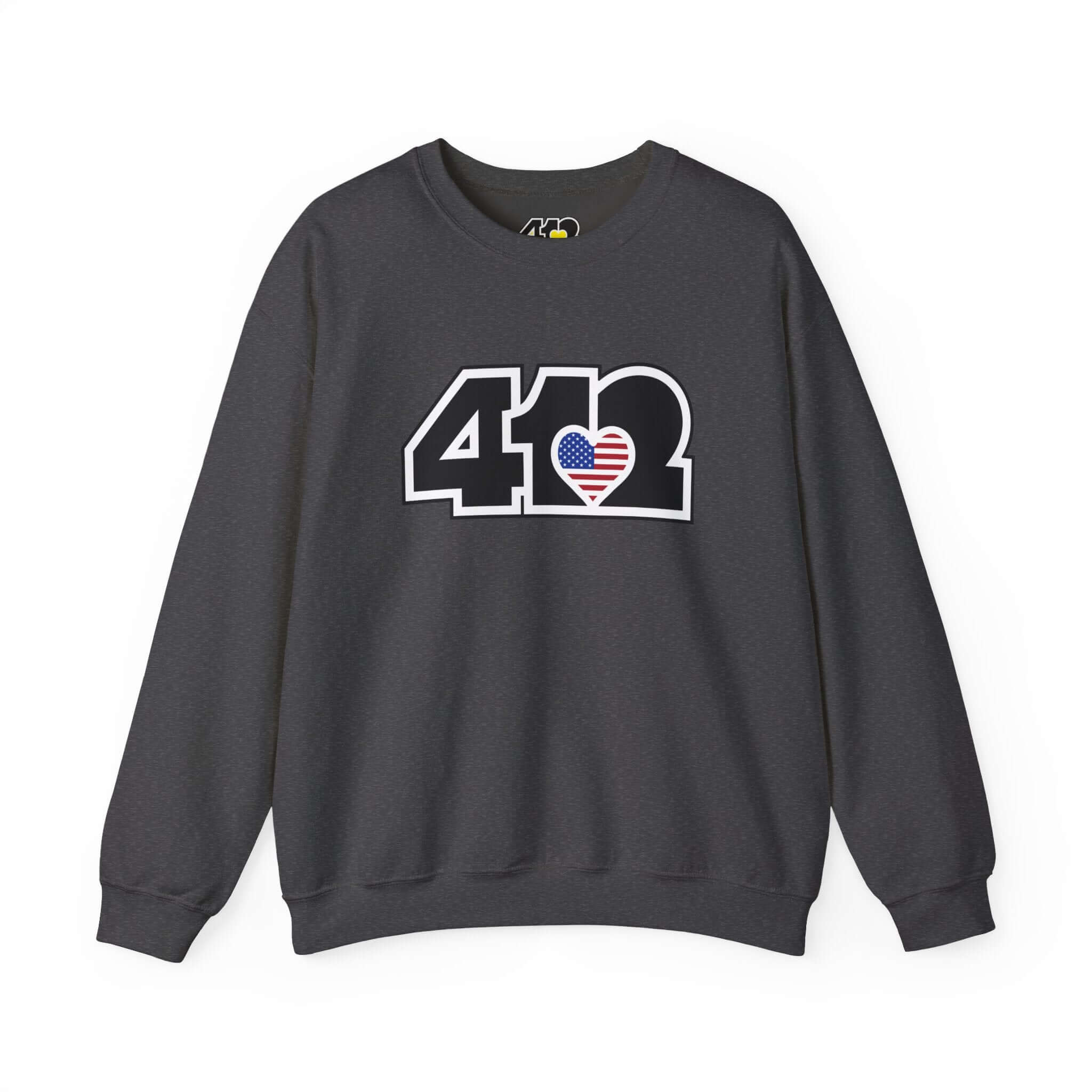 Pittsburgh Crewneck Sweatshirt | Black Stars & Stripes 412 Logo. Apparel Color: Dark Heather. A blend of 50% cotton and 50% polyester for cozy durability. With an Elastic ribbed collar, and Double-needle stitching.