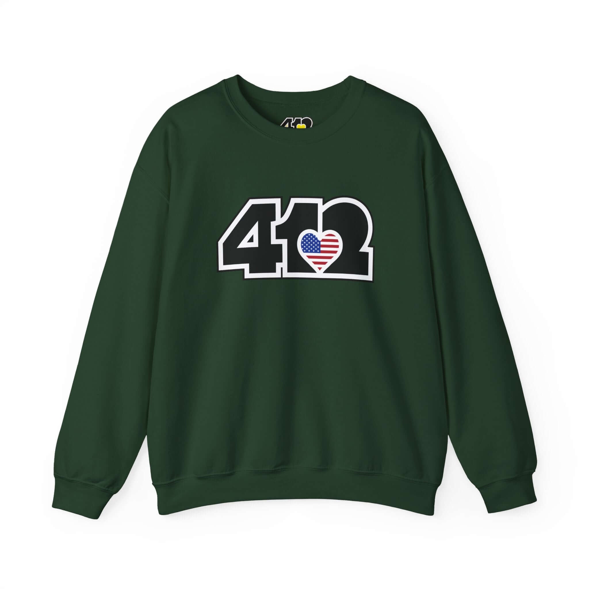 Pittsburgh Crewneck Sweatshirt | Black Stars & Stripes 412 Logo. Apparel Color: Forest Green. A blend of 50% cotton and 50% polyester for cozy durability. With an Elastic ribbed collar, and Double-needle stitching.