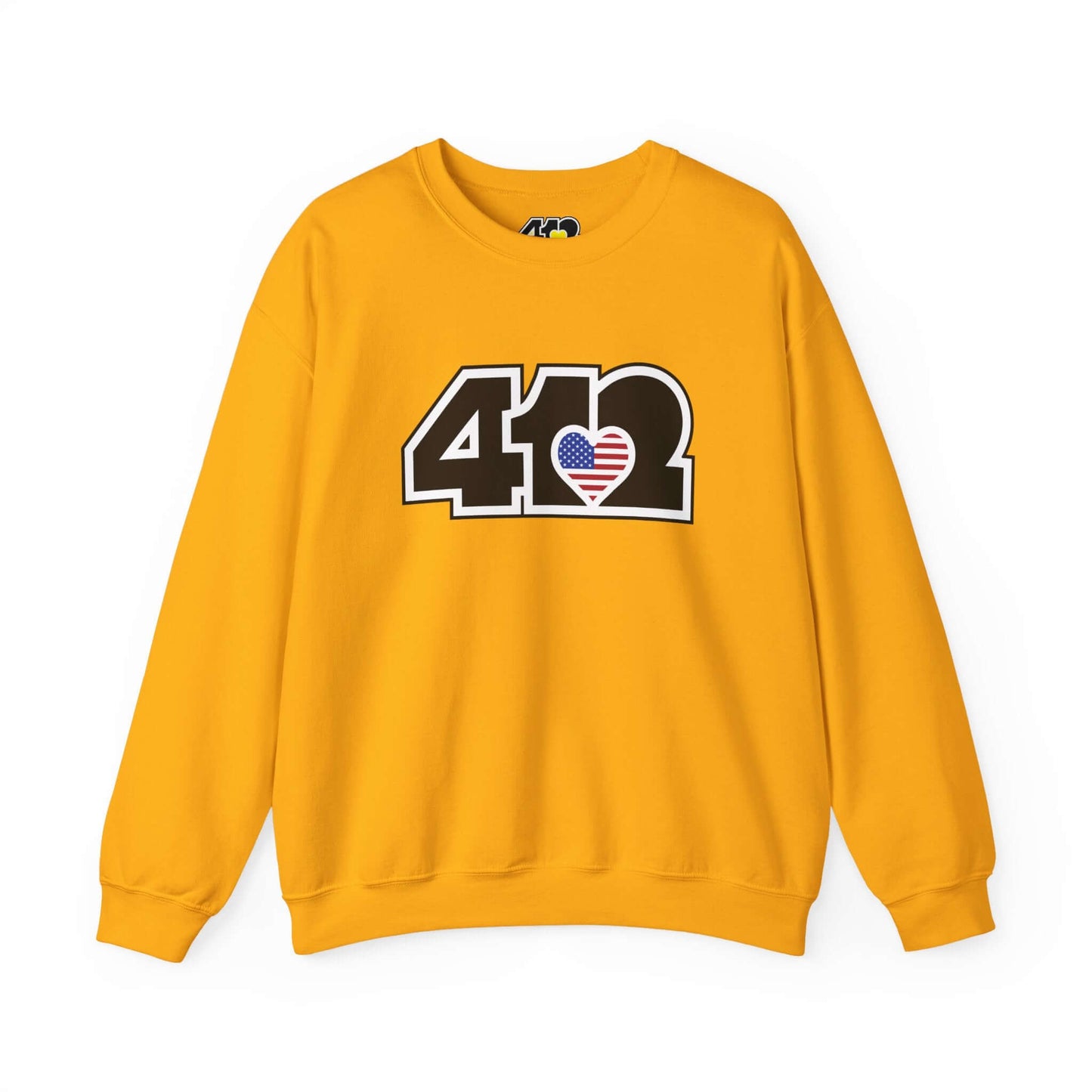 Pittsburgh Crewneck Sweatshirt | Black Stars & Stripes 412 Logo. Apparel Color: Gold. A blend of 50% cotton and 50% polyester for cozy durability. With an Elastic ribbed collar, and Double-needle stitching.