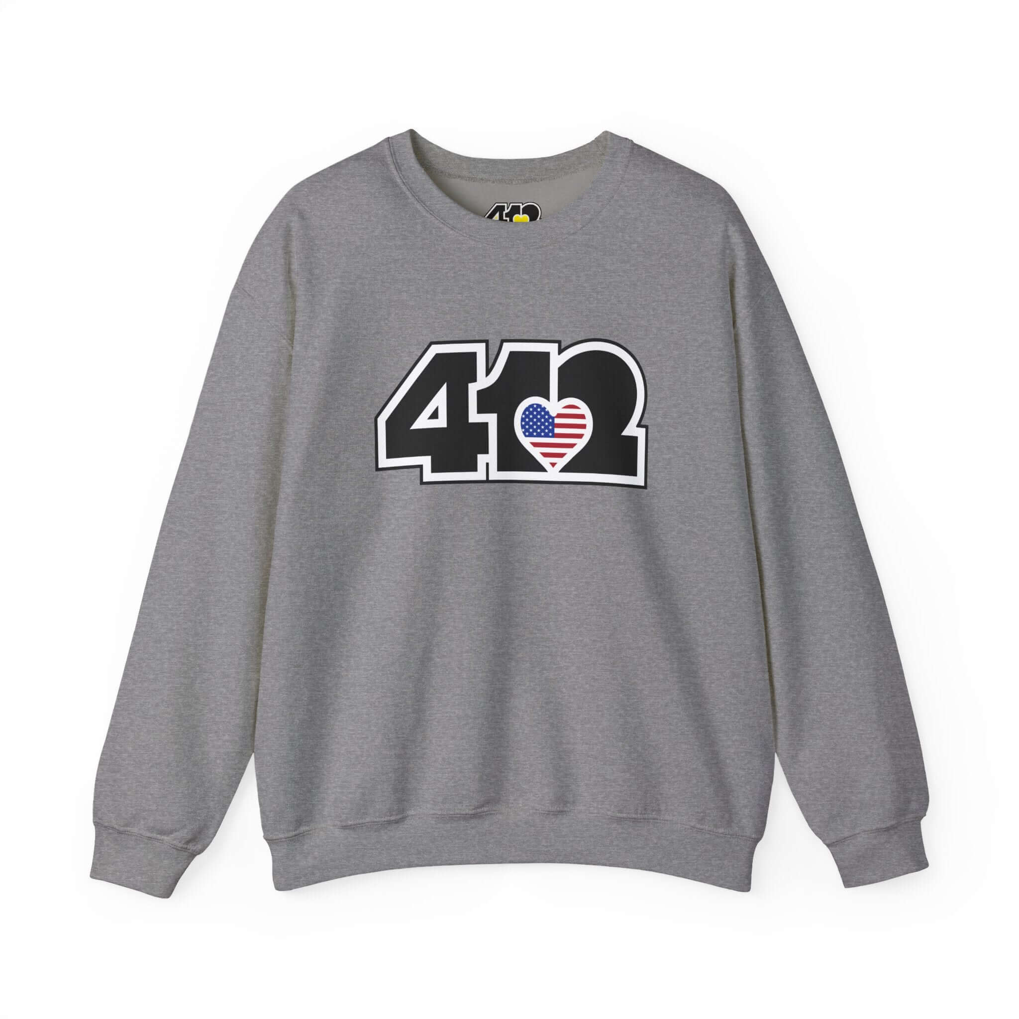 Pittsburgh Crewneck Sweatshirt | Black Stars & Stripes 412 Logo. Apparel Color: Graphite Heather. A blend of 50% cotton and 50% polyester for cozy durability. With an Elastic ribbed collar, and Double-needle stitching.