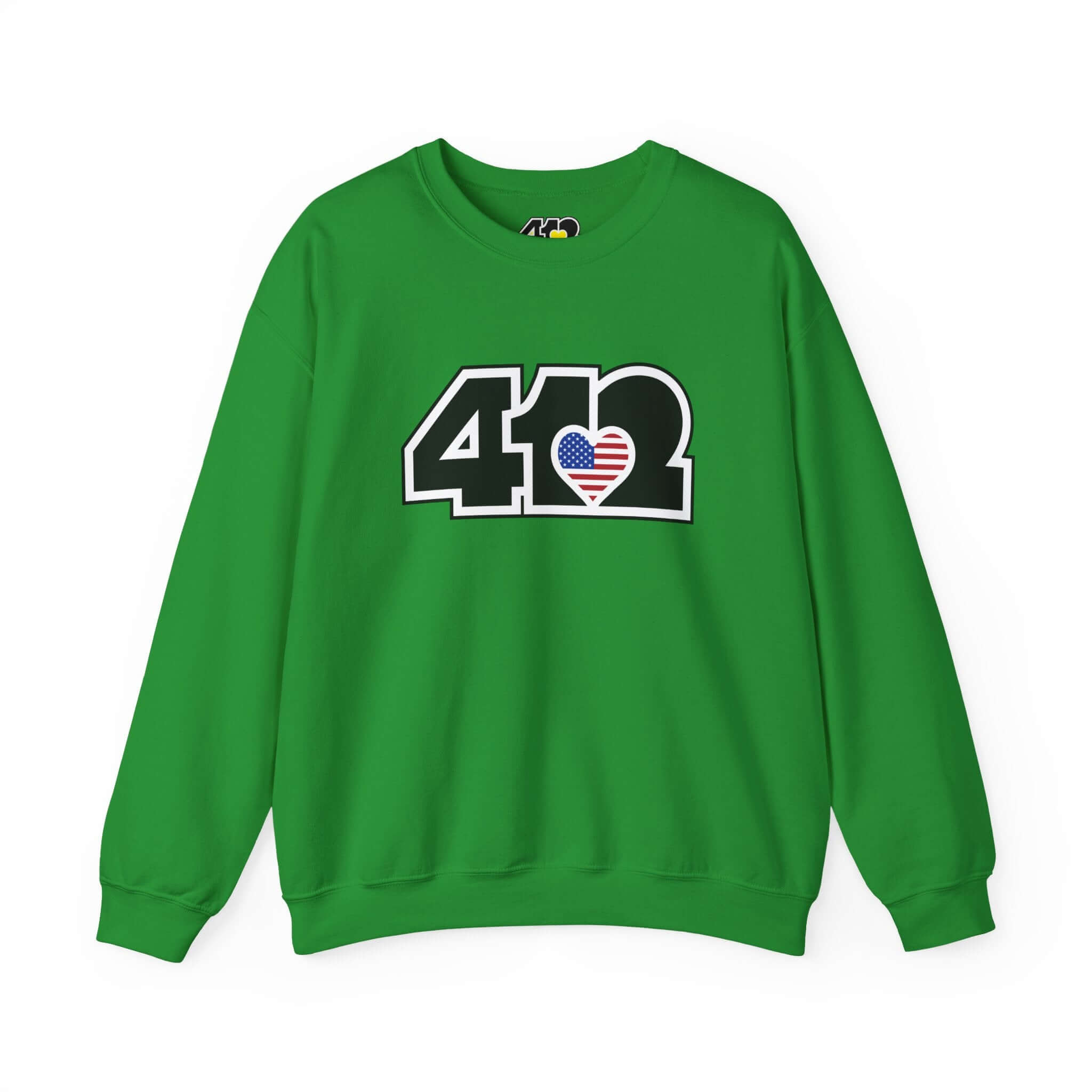 Pittsburgh Crewneck Sweatshirt | Black Stars & Stripes 412 Logo. Apparel Color: Irish Green. A blend of 50% cotton and 50% polyester for cozy durability. With an Elastic ribbed collar, and Double-needle stitching.