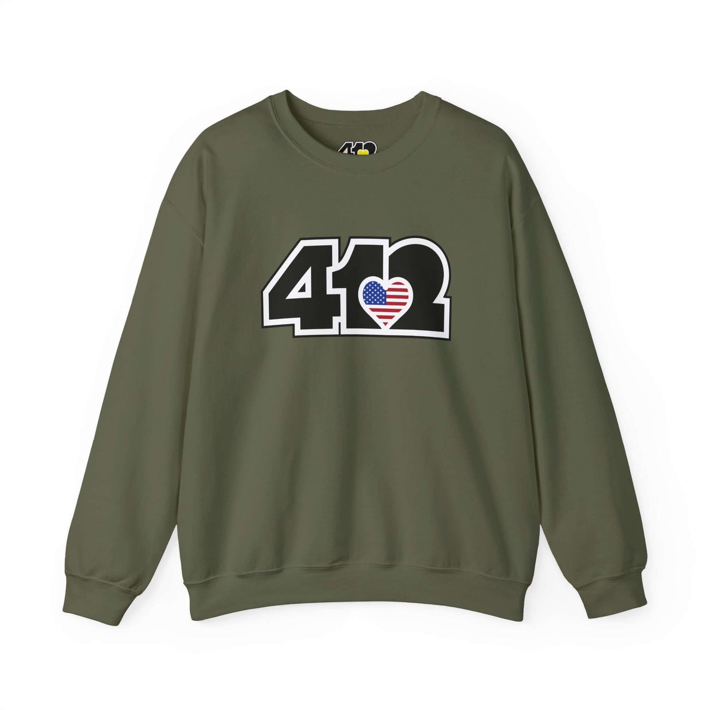 Pittsburgh Crewneck Sweatshirt | Black Stars & Stripes 412 Logo. Apparel Color: Military Green. A blend of 50% cotton and 50% polyester for cozy durability. With an Elastic ribbed collar, and Double-needle stitching.