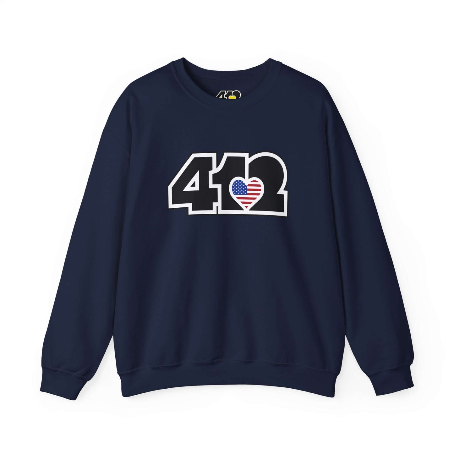 Pittsburgh Crewneck Sweatshirt | Black Stars & Stripes 412 Logo. Apparel Color: Navy. A blend of 50% cotton and 50% polyester for cozy durability. With an Elastic ribbed collar, and Double-needle stitching.