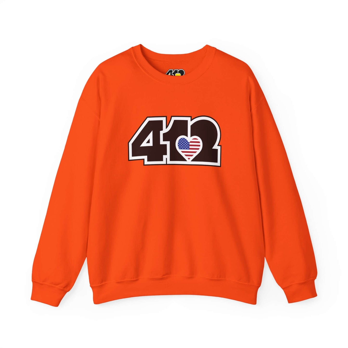 Pittsburgh Crewneck Sweatshirt | Black Stars & Stripes 412 Logo. Apparel Color: Orange. A blend of 50% cotton and 50% polyester for cozy durability. With an Elastic ribbed collar, and Double-needle stitching.