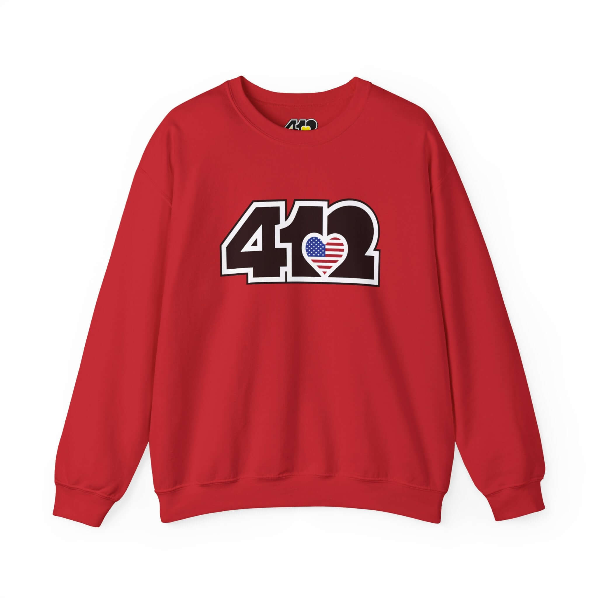 Pittsburgh Crewneck Sweatshirt | Black Stars & Stripes 412 Logo. Apparel Color: Red. A blend of 50% cotton and 50% polyester for cozy durability. With an Elastic ribbed collar, and Double-needle stitching.
