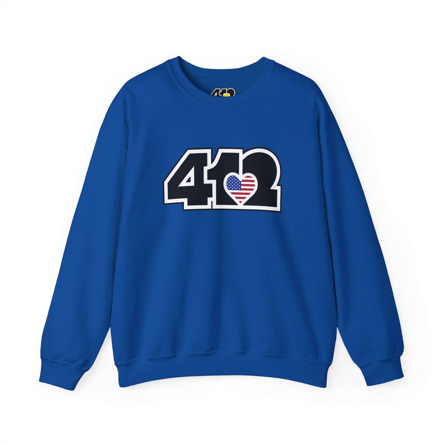 Pittsburgh Crewneck Sweatshirt | Black Stars & Stripes 412 Logo. Apparel Color: Royal. A blend of 50% cotton and 50% polyester for cozy durability. With an Elastic ribbed collar, and Double-needle stitching.