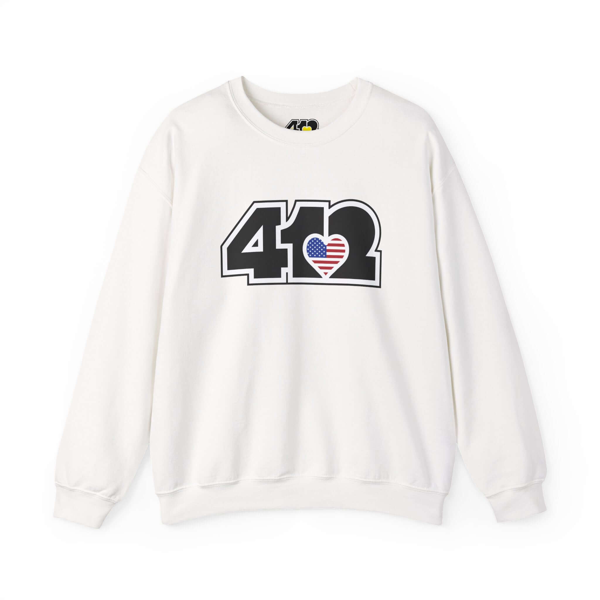 Pittsburgh Crewneck Sweatshirt | Black Stars & Stripes 412 Logo. Apparel Color: White. A blend of 50% cotton and 50% polyester for cozy durability. With an Elastic ribbed collar, and Double-needle stitching.