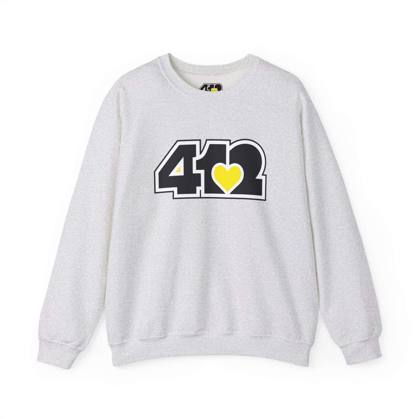 Pittsburgh Crewneck Sweatshirt | Black & Yellow 412 Logo. Apparel Color: Ash. A blend of 50% cotton and 50% polyester for cozy durability. With an Elastic ribbed collar, and Double-needle stitching.
