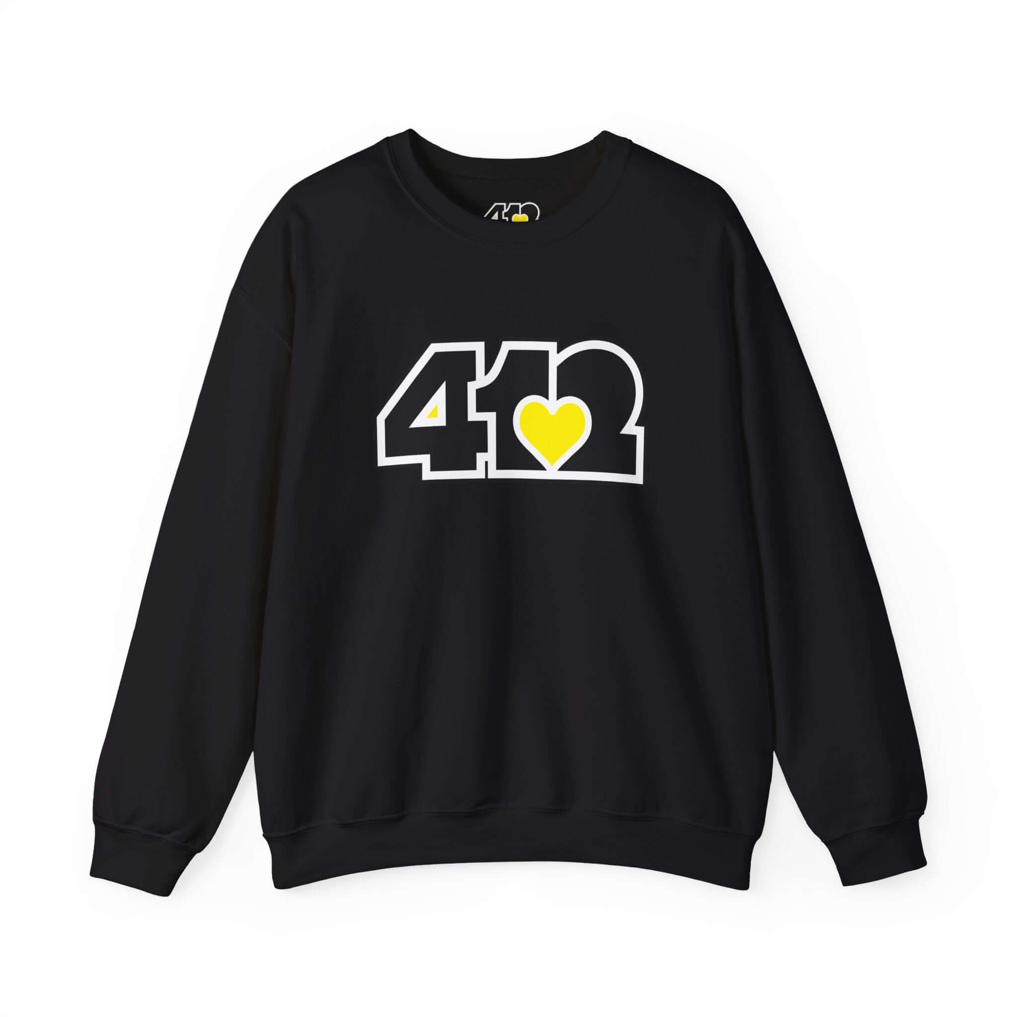 Pittsburgh Crewneck Sweatshirt | Black & Yellow 412 Logo. Apparel Color: Black. A blend of 50% cotton and 50% polyester for cozy durability. With an Elastic ribbed collar, and Double-needle stitching.