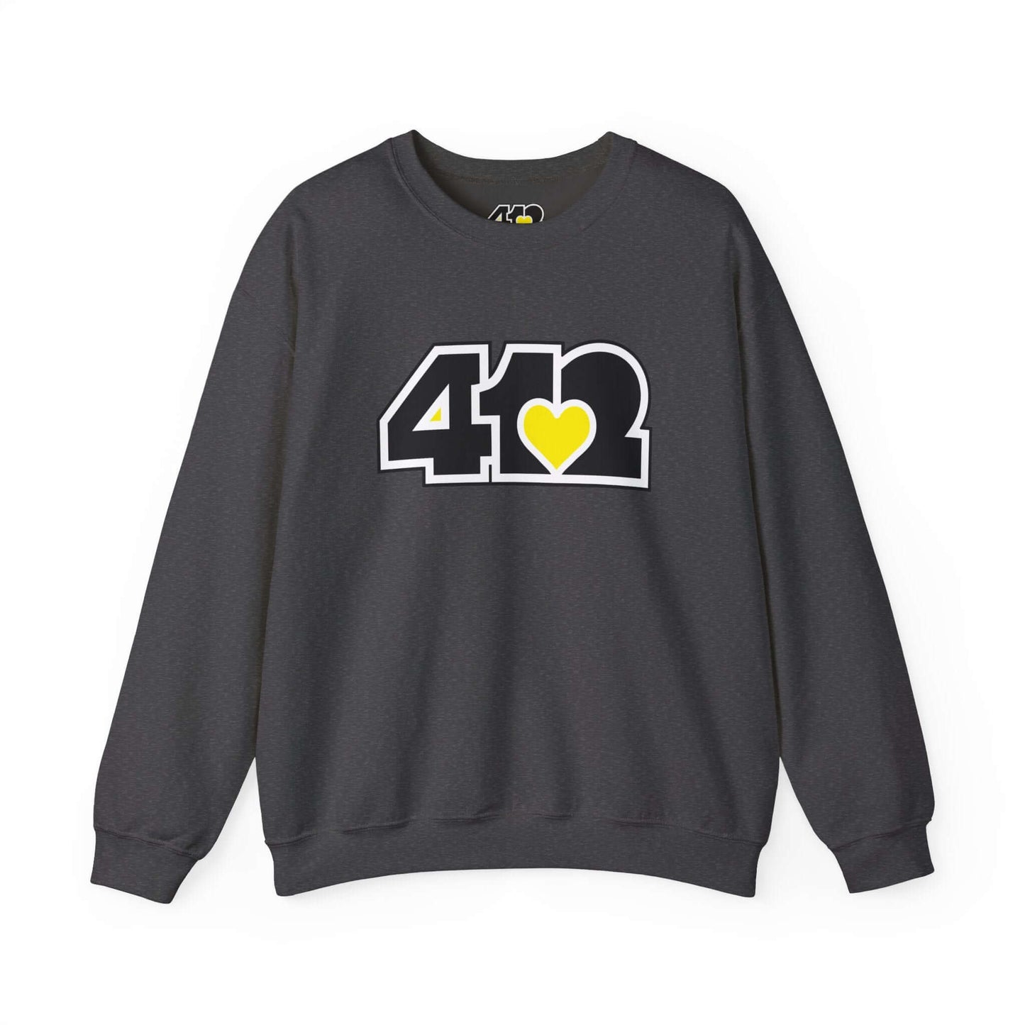 Pittsburgh Crewneck Sweatshirt | Black & Yellow 412 Logo. Apparel Color: Dark Heather. A blend of 50% cotton and 50% polyester for cozy durability. With an Elastic ribbed collar, and Double-needle stitching.