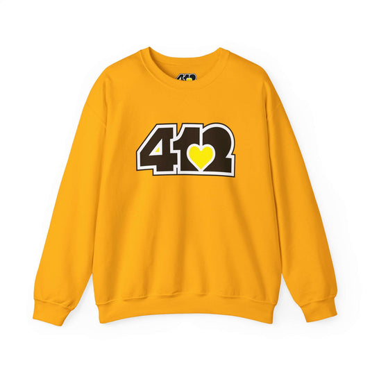Pittsburgh Crewneck Sweatshirt | Black & Yellow 412 Logo. Apparel Color: Gold. A blend of 50% cotton and 50% polyester for cozy durability. With an Elastic ribbed collar, and Double-needle stitching.