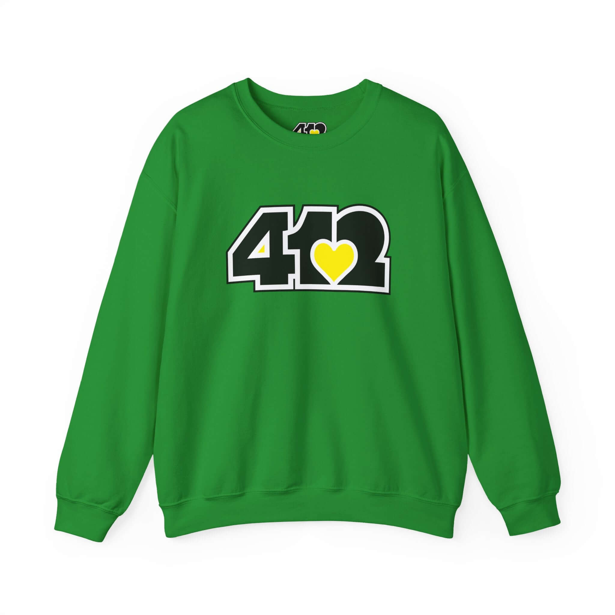 Pittsburgh Crewneck Sweatshirt | Black & Yellow 412 Logo. Apparel Color: Irish Green. A blend of 50% cotton and 50% polyester for cozy durability. With an Elastic ribbed collar, and Double-needle stitching.