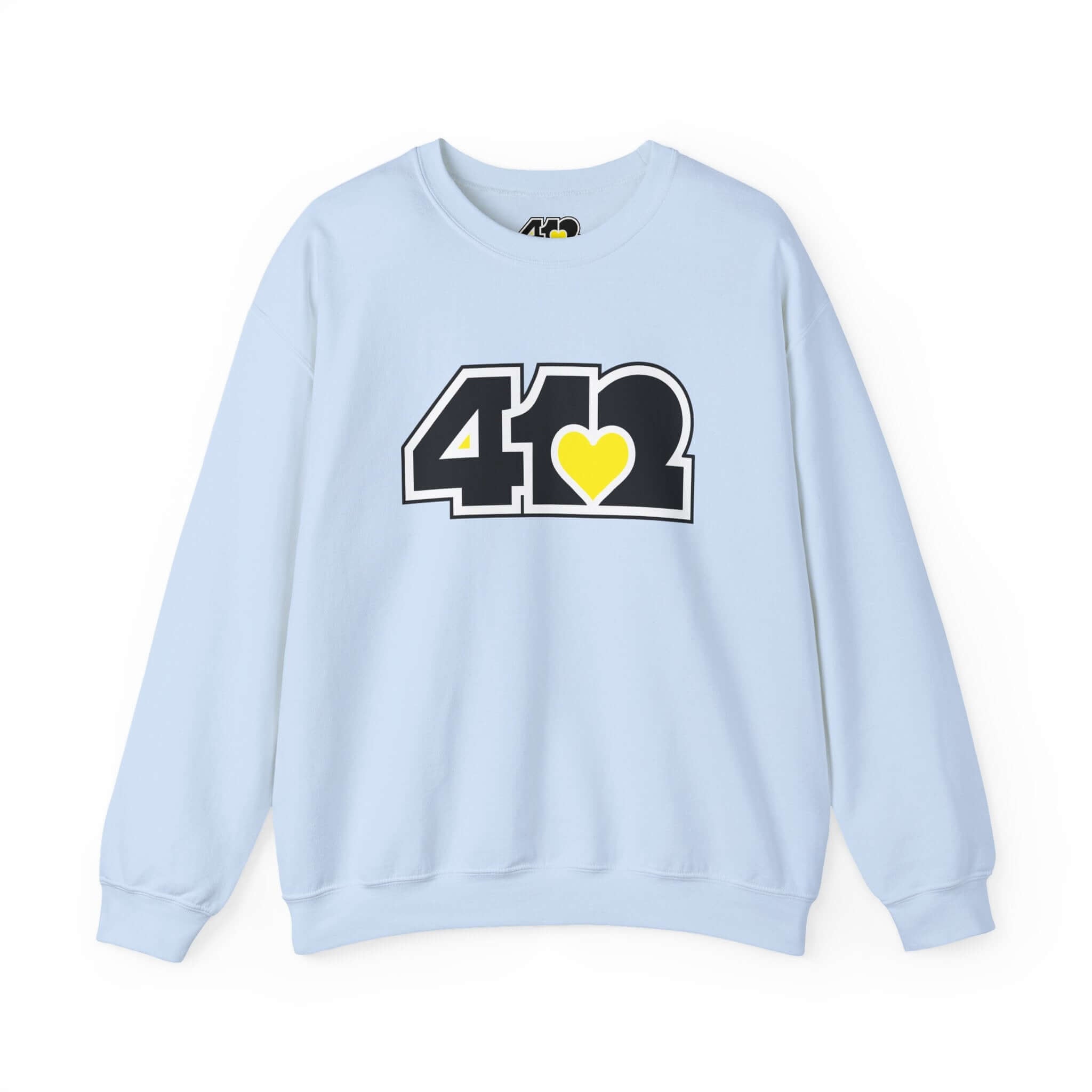 Pittsburgh Crewneck Sweatshirt | Black & Yellow 412 Logo. Apparel Color: Light Blue. A blend of 50% cotton and 50% polyester for cozy durability. With an Elastic ribbed collar, and Double-needle stitching.