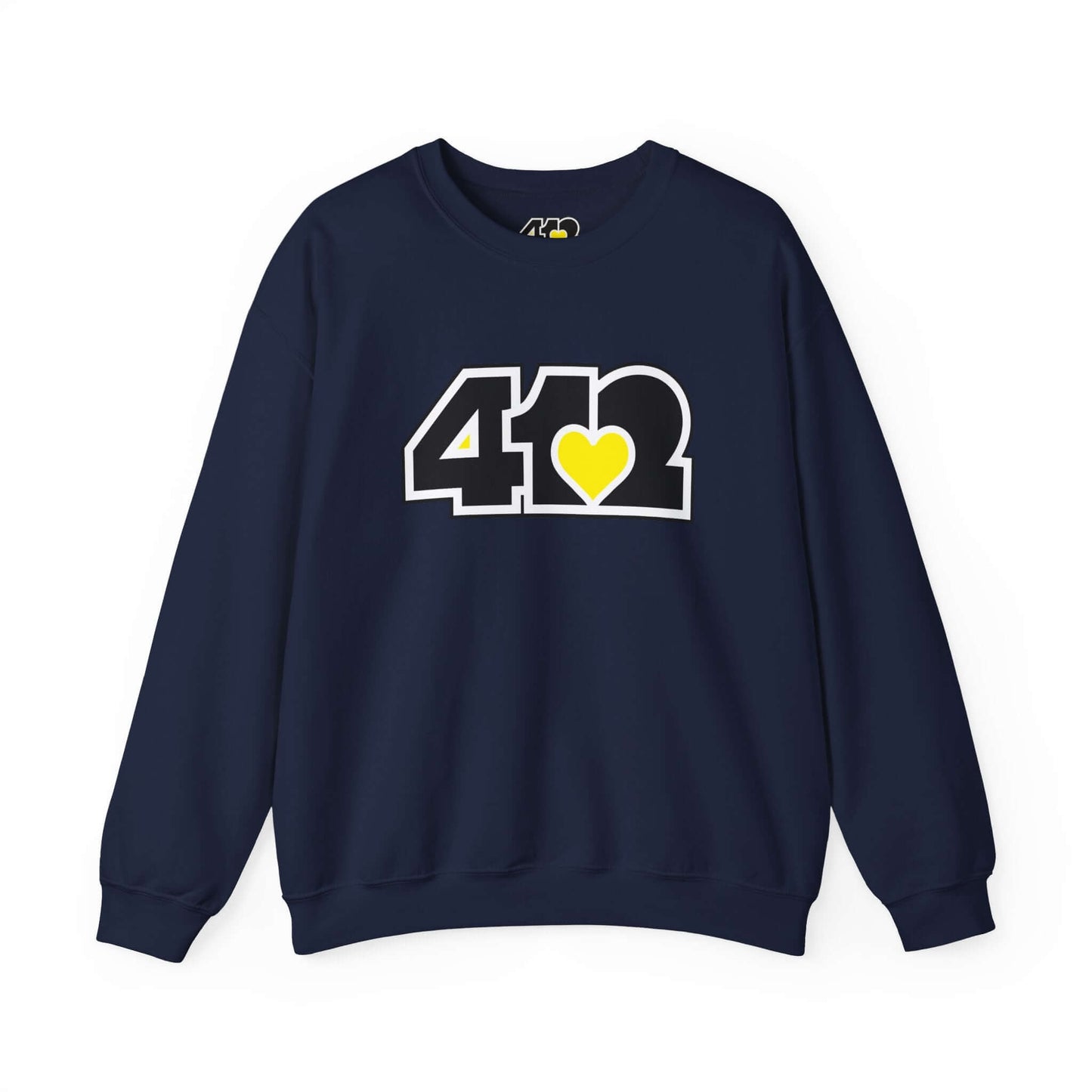 Pittsburgh Crewneck Sweatshirt | Black & Yellow 412 Logo. Apparel Color: Navy. A blend of 50% cotton and 50% polyester for cozy durability. With an Elastic ribbed collar, and Double-needle stitching.