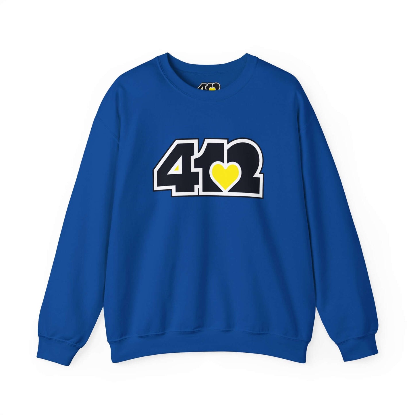 Pittsburgh Crewneck Sweatshirt | Black & Yellow 412 Logo. Apparel Color: Royal. A blend of 50% cotton and 50% polyester for cozy durability. With an Elastic ribbed collar, and Double-needle stitching.
