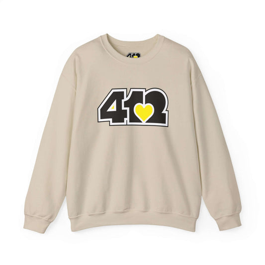 Pittsburgh Crewneck Sweatshirt | Black & Yellow 412 Logo. Apparel Color: Sand. A blend of 50% cotton and 50% polyester for cozy durability. With an Elastic ribbed collar, and Double-needle stitching.