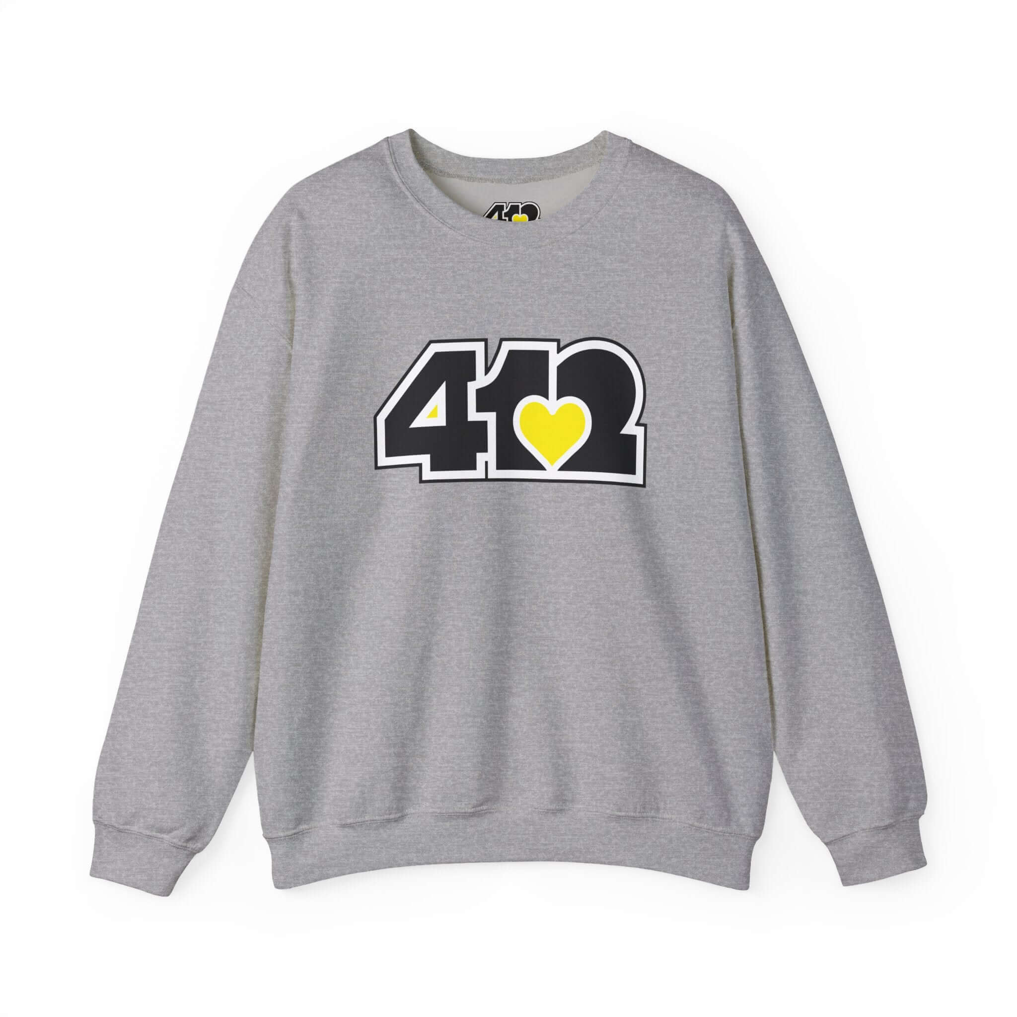 Pittsburgh Crewneck Sweatshirt | Black & Yellow 412 Logo. Apparel Color: Sport Grey. A blend of 50% cotton and 50% polyester for cozy durability. With an Elastic ribbed collar, and Double-needle stitching.