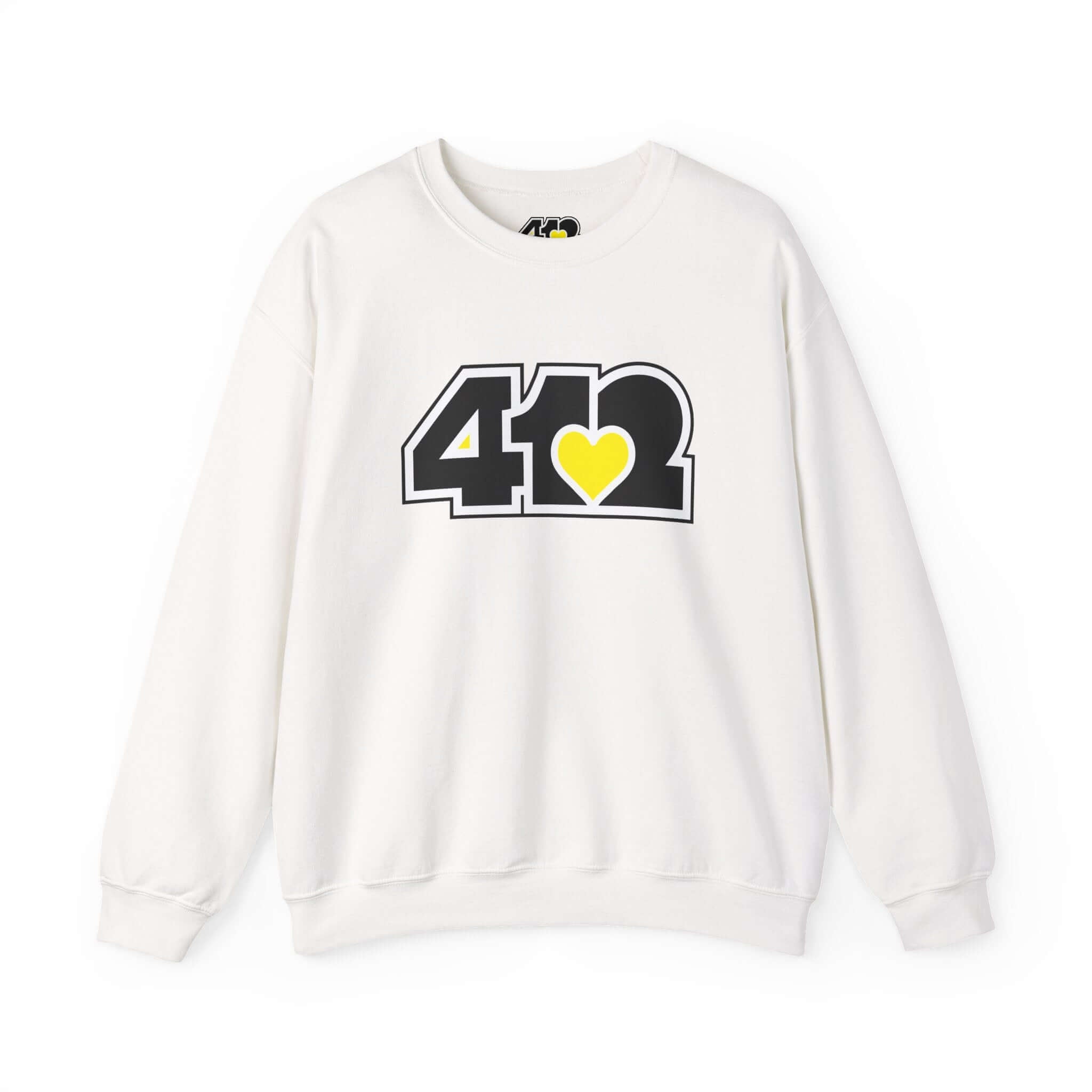 Pittsburgh Crewneck Sweatshirt | Black & Yellow 412 Logo. Apparel Color: White. A blend of 50% cotton and 50% polyester for cozy durability. With an Elastic ribbed collar, and Double-needle stitching.
