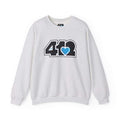Pittsburgh Crewneck Sweatshirt | Black and Blue 412 Logo. Apparel Color: Ash. A blend of 50% cotton and 50% polyester for cozy durability. With an Elastic ribbed collar, and Double-needle stitching.