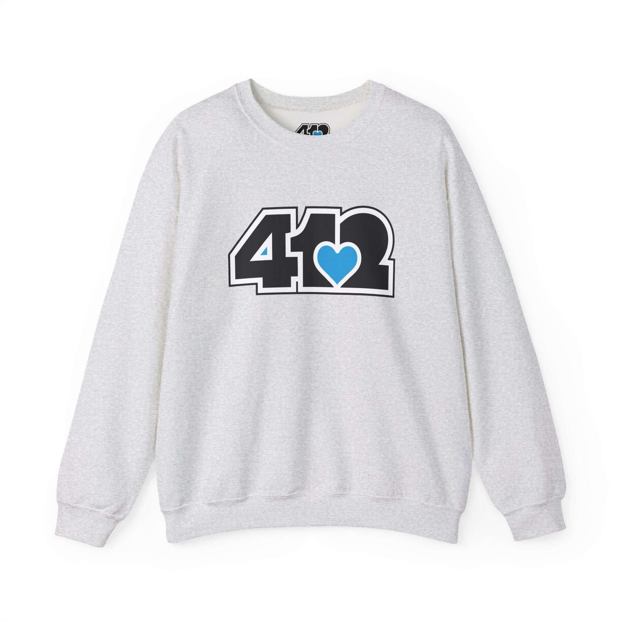 Pittsburgh Crewneck Sweatshirt | Black and Blue 412 Logo. Apparel Color: Ash. A blend of 50% cotton and 50% polyester for cozy durability. With an Elastic ribbed collar, and Double-needle stitching.