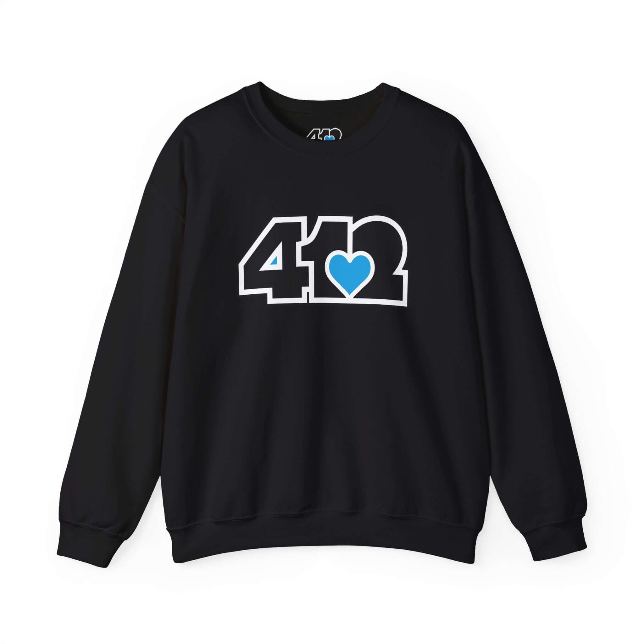 Pittsburgh Crewneck Sweatshirt | Black and Blue 412 Logo. Apparel Color: Black. A blend of 50% cotton and 50% polyester for cozy durability. With an Elastic ribbed collar, and Double-needle stitching.