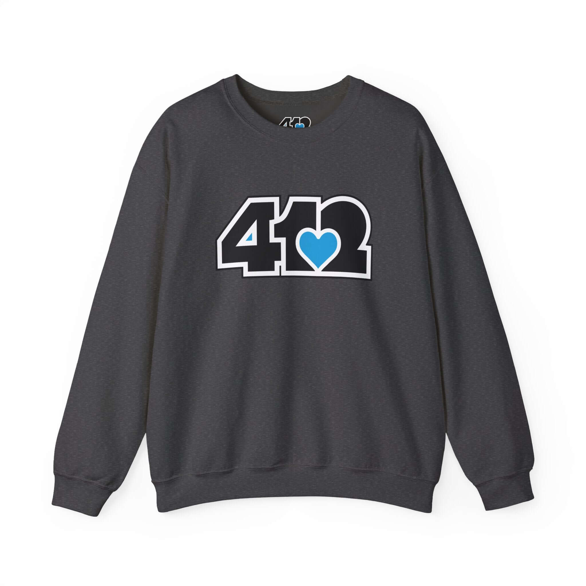 Pittsburgh Crewneck Sweatshirt | Black and Blue 412 Logo. Apparel Color: Dark Heather. A blend of 50% cotton and 50% polyester for cozy durability. With an Elastic ribbed collar, and Double-needle stitching.
