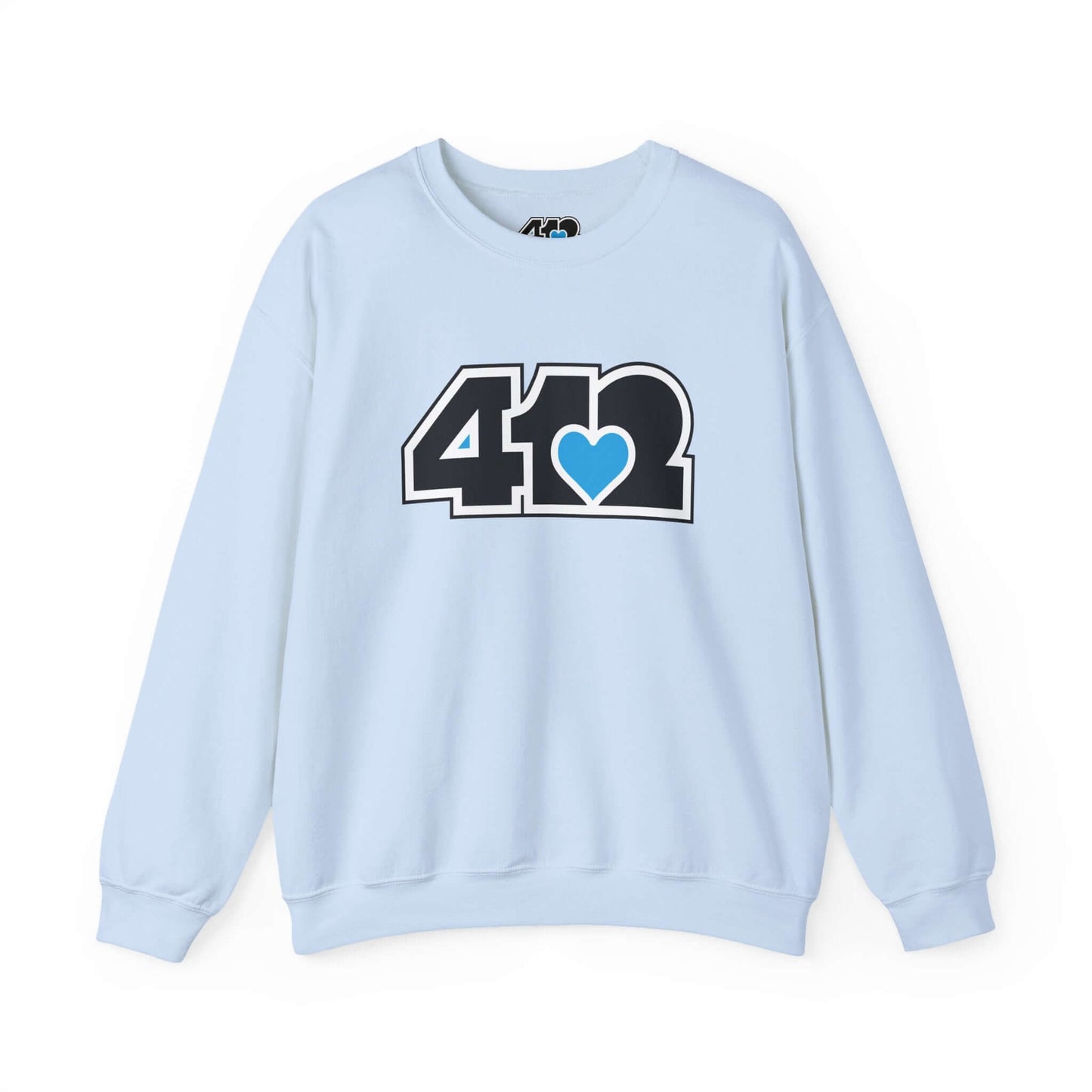 Pittsburgh Crewneck Sweatshirt | Black and Blue 412 Logo. Apparel Color: Light Blue. A blend of 50% cotton and 50% polyester for cozy durability. With an Elastic ribbed collar, and Double-needle stitching.