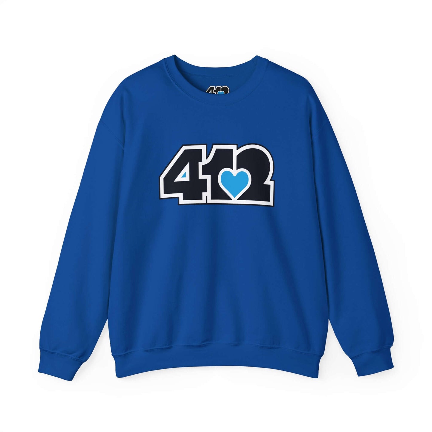 Pittsburgh Crewneck Sweatshirt | Black and Blue 412 Logo. Apparel Color: Royal. A blend of 50% cotton and 50% polyester for cozy durability. With an Elastic ribbed collar, and Double-needle stitching.