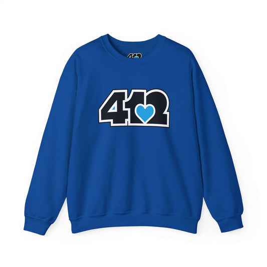 Pittsburgh Crewneck Sweatshirt | Black and Blue 412 Logo. Apparel Color: Royal. A blend of 50% cotton and 50% polyester for cozy durability. With an Elastic ribbed collar, and Double-needle stitching.