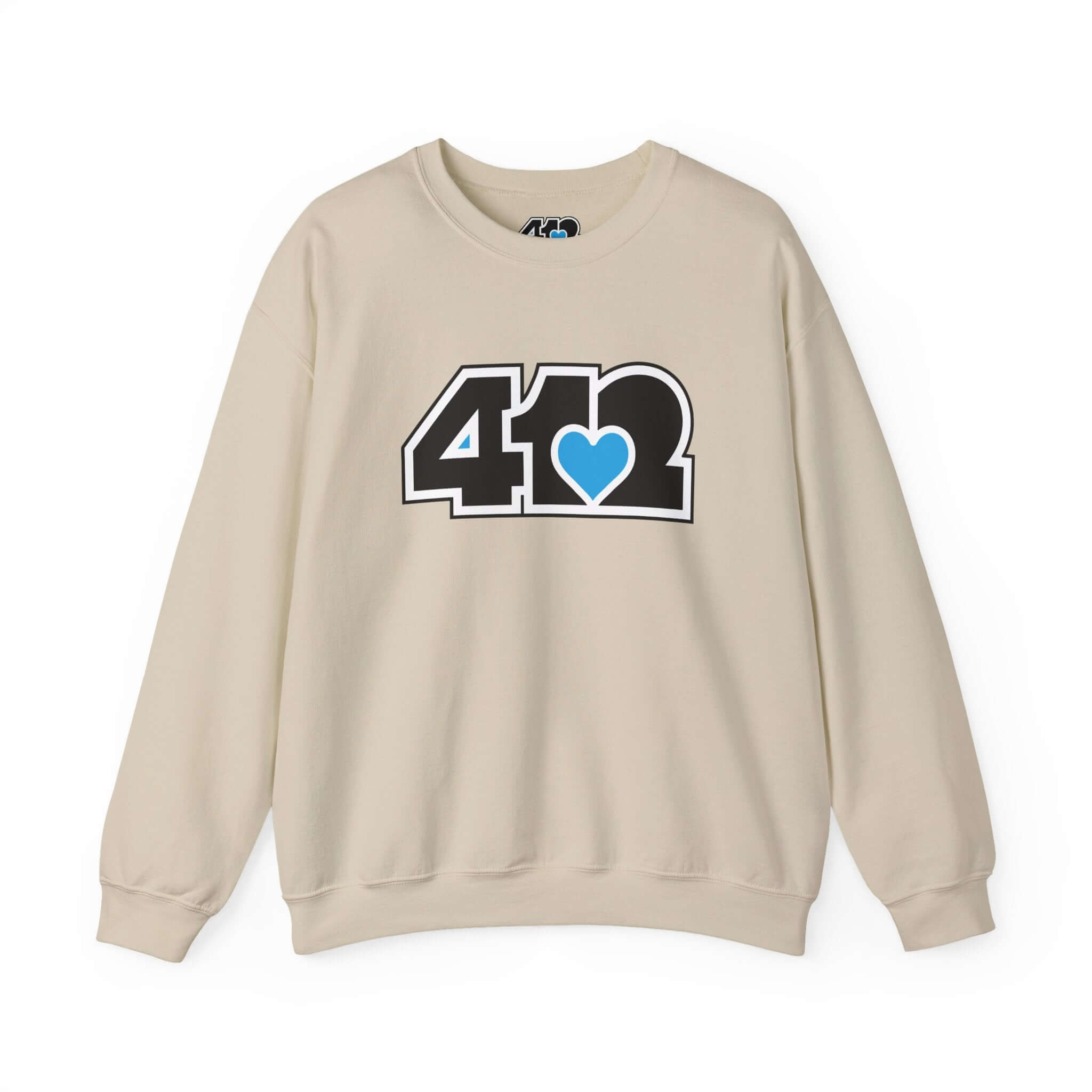 Pittsburgh Crewneck Sweatshirt | Black and Blue 412 Logo. Apparel Color: Sand. A blend of 50% cotton and 50% polyester for cozy durability. With an Elastic ribbed collar, and Double-needle stitching.