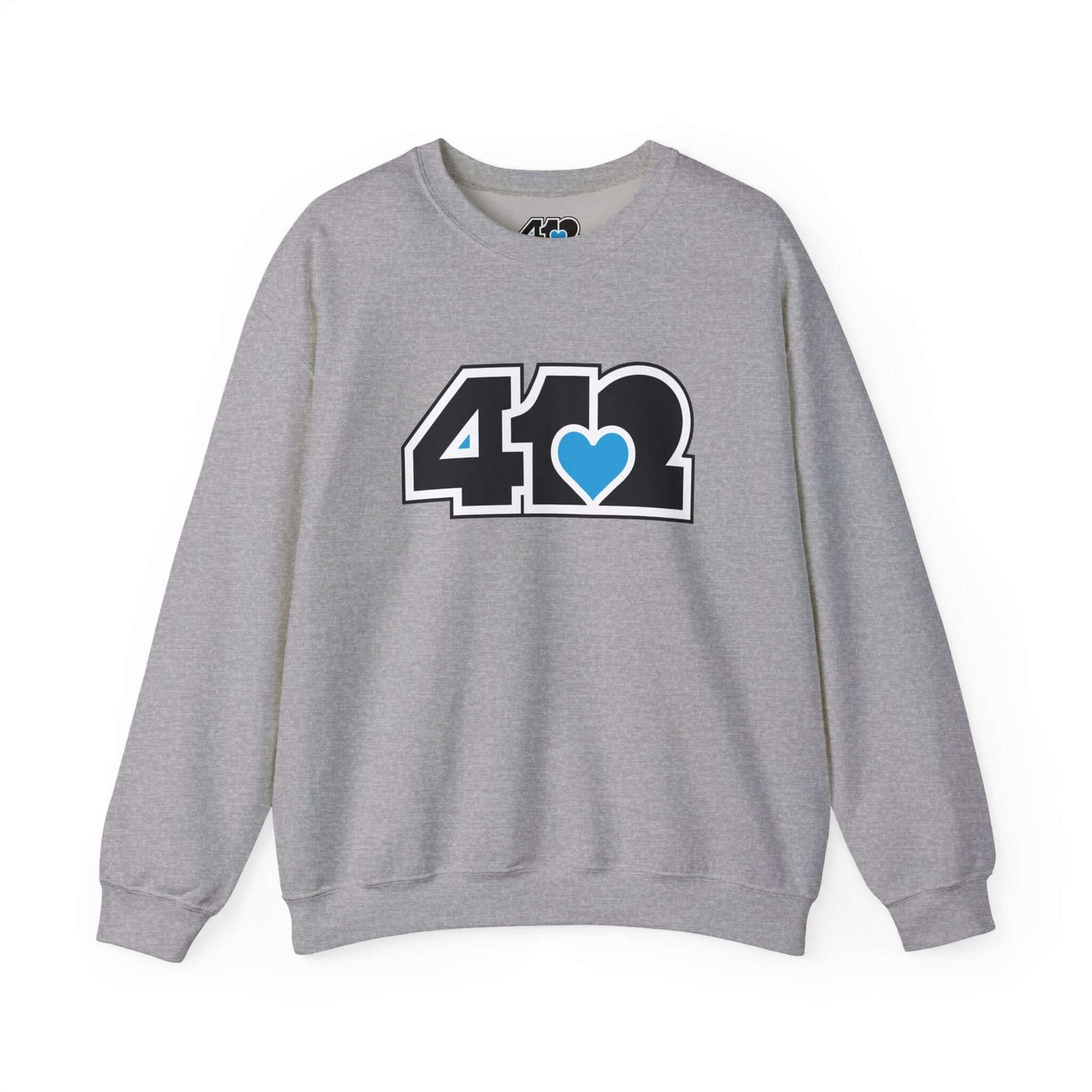 Pittsburgh Crewneck Sweatshirt | Black and Blue 412 Logo. Apparel Color: Sport Grey. A blend of 50% cotton and 50% polyester for cozy durability. With an Elastic ribbed collar, and Double-needle stitching.