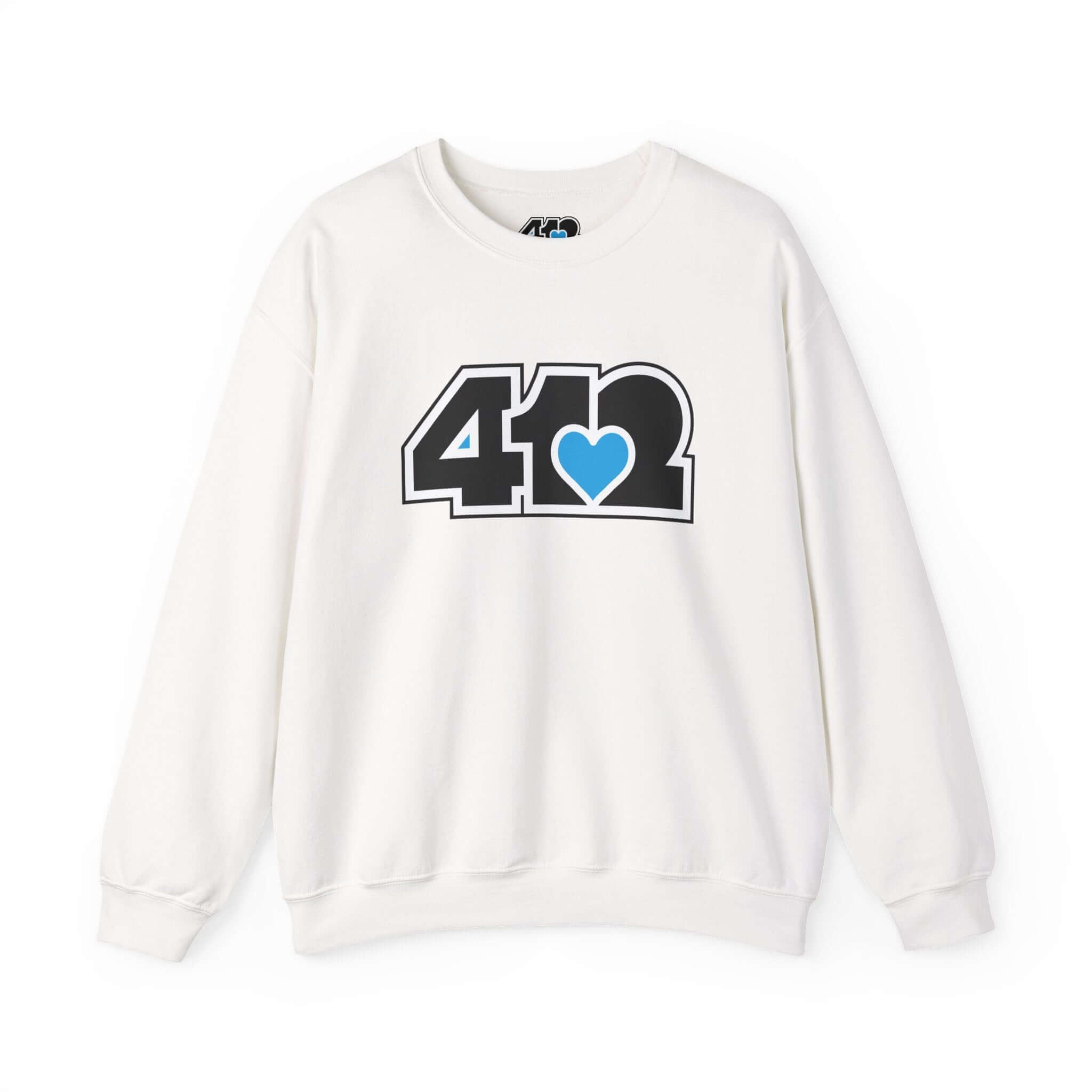 Pittsburgh Crewneck Sweatshirt | Black and Blue 412 Logo. Apparel Color: White. A blend of 50% cotton and 50% polyester for cozy durability. With an Elastic ribbed collar, and Double-needle stitching.