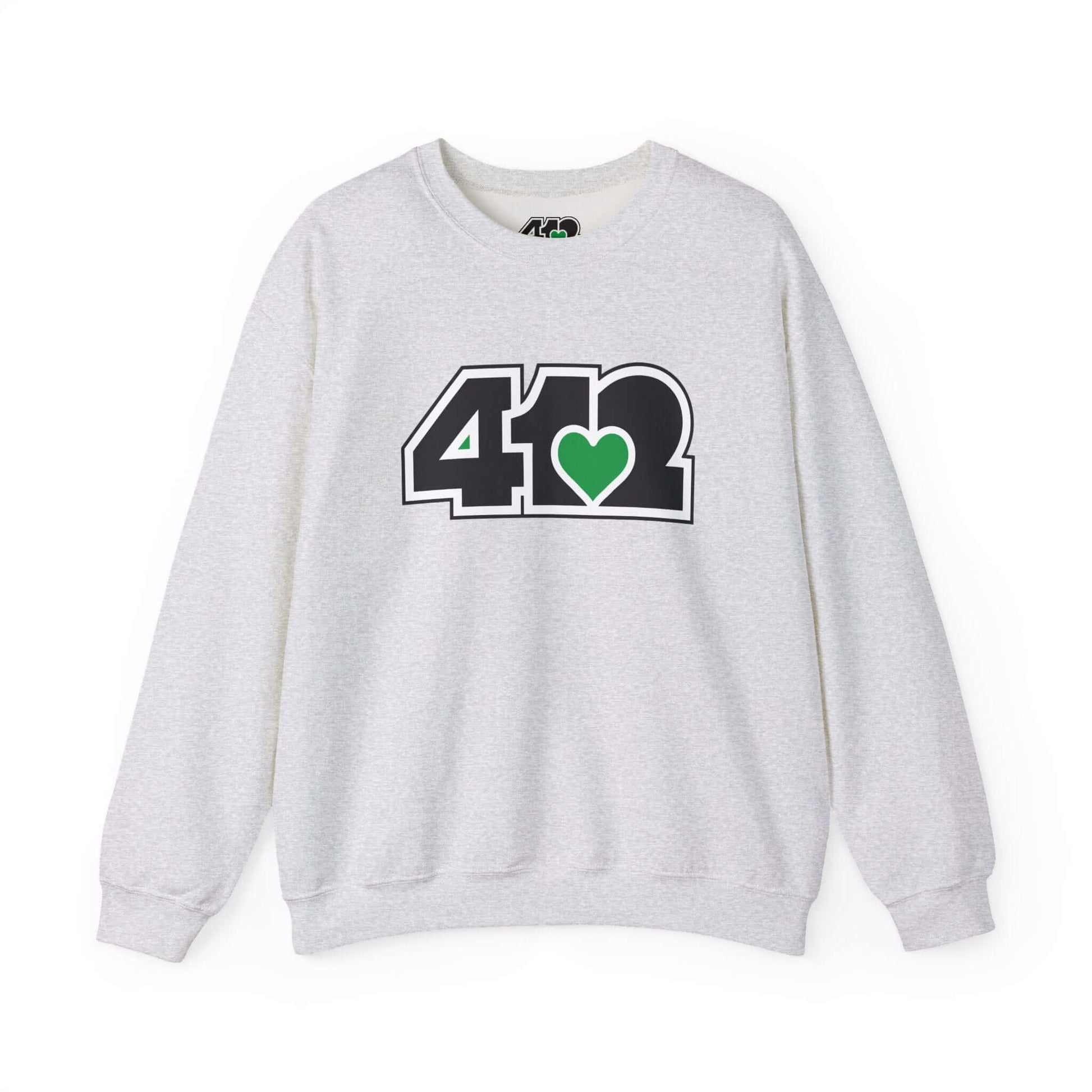 Pittsburgh Crewneck Sweatshirt | Black and Green 412 Logo. Apparel Color: Ash. A blend of 50% cotton and 50% polyester for cozy durability. With an Elastic ribbed collar, and Double-needle stitching.