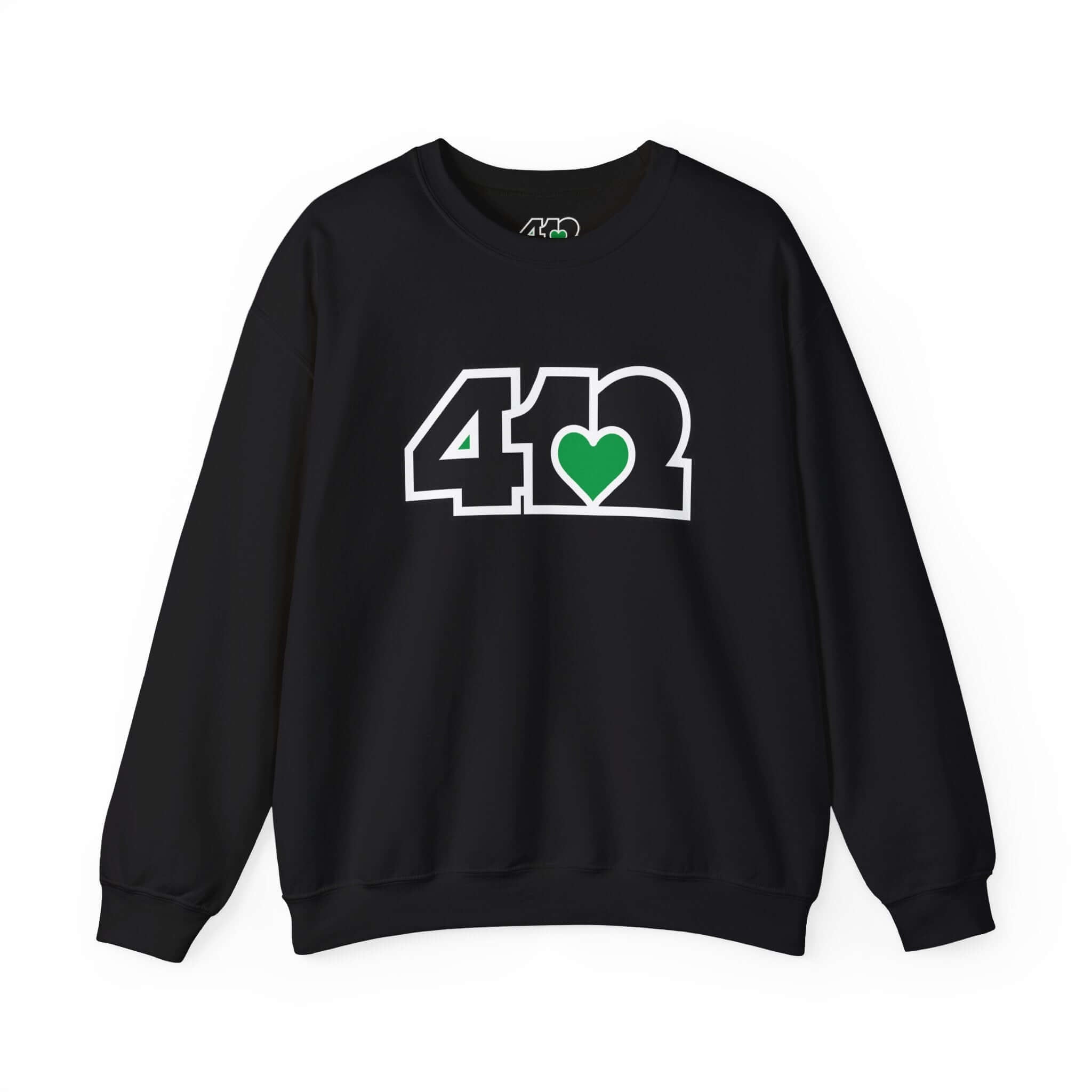 Pittsburgh Crewneck Sweatshirt | Black and Green 412 Logo. Apparel Color: Black. A blend of 50% cotton and 50% polyester for cozy durability. With an Elastic ribbed collar, and Double-needle stitching.